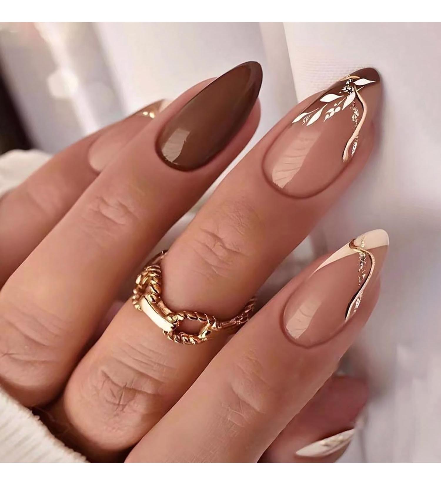 24 Pcs Almond Press on Nails - Fall Brown & White Fake Nails with Leaf Designs - Glossy Acrylic Full Cover - Perfect for Autumn & Thanksgiving DIY Manicure - Buy Online on GoSupps.com