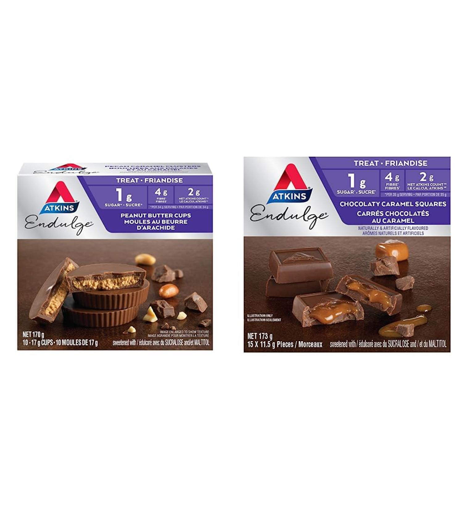 Atkins Endulge Treats Peanut Butter Cups 1g Sugar Keto-Friendly High Fibre - 10-Count & Endulge Treats Milk Chocolate Caramel Squares 1g Sugar Keto-Friendly High Fibre 15 count Peanut Butter Cups Endulge Treats + Endulge Treats - Buy Online on GoSupps.com