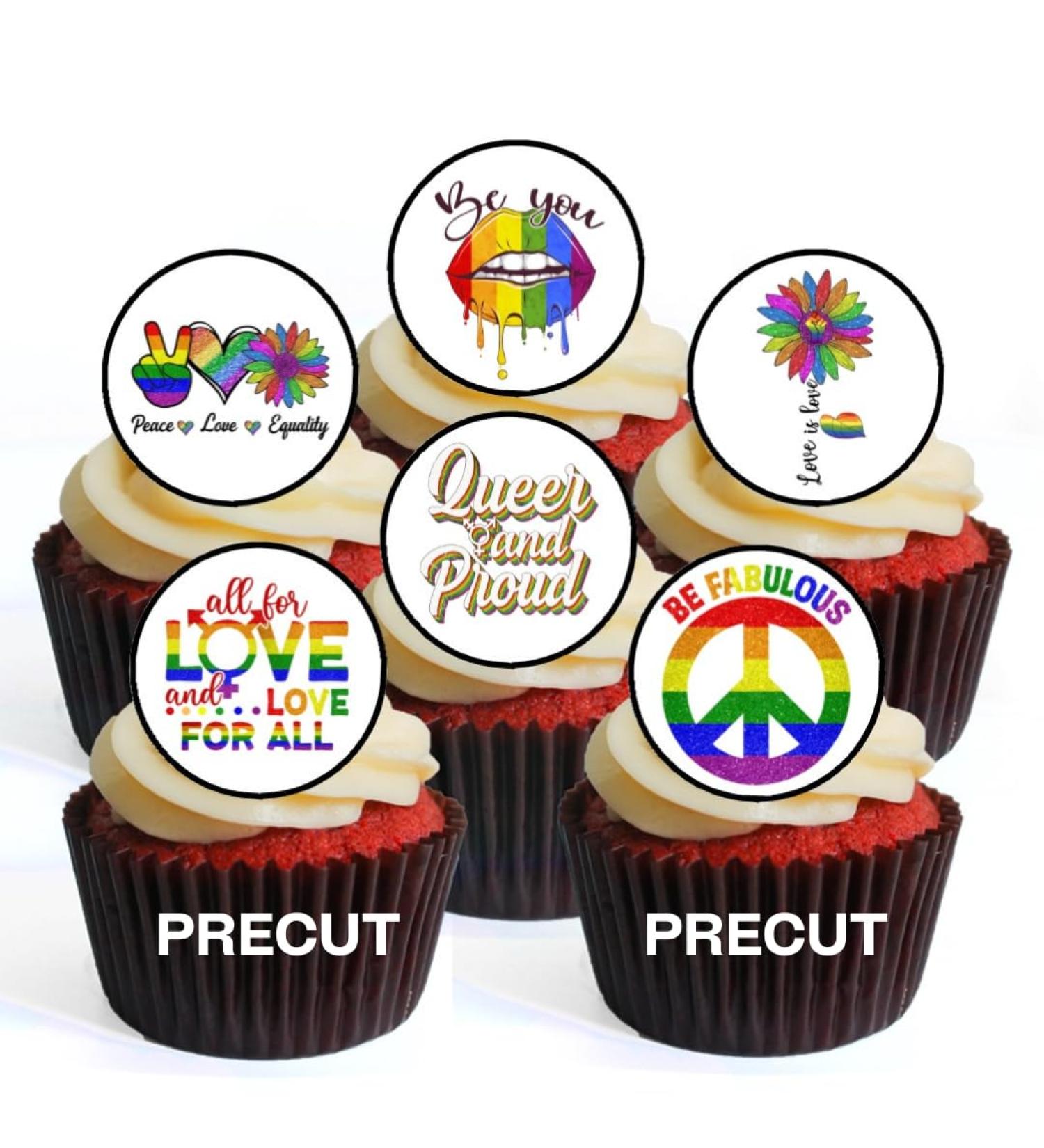PRECUT LGBTQ Edible Cupcake Toppers - LGBTQ Pride Theme Premium Thickness SWEETENED VANILLA - wafer card disc cake decorations (Pack of 12) - Buy Online on GoSupps.com