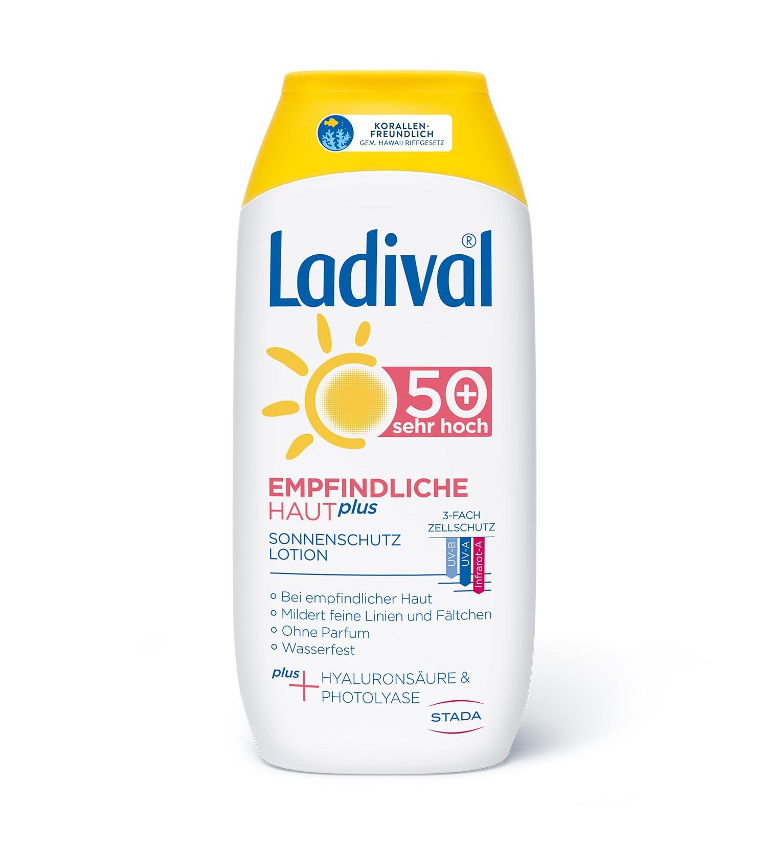 Ladival Sensitive Skin Plus Sun Protection Lotion LSF 50+ | Perfume-Free Color & Preservative-Free Waterproof | 200 ml - Buy Online on GoSupps.com