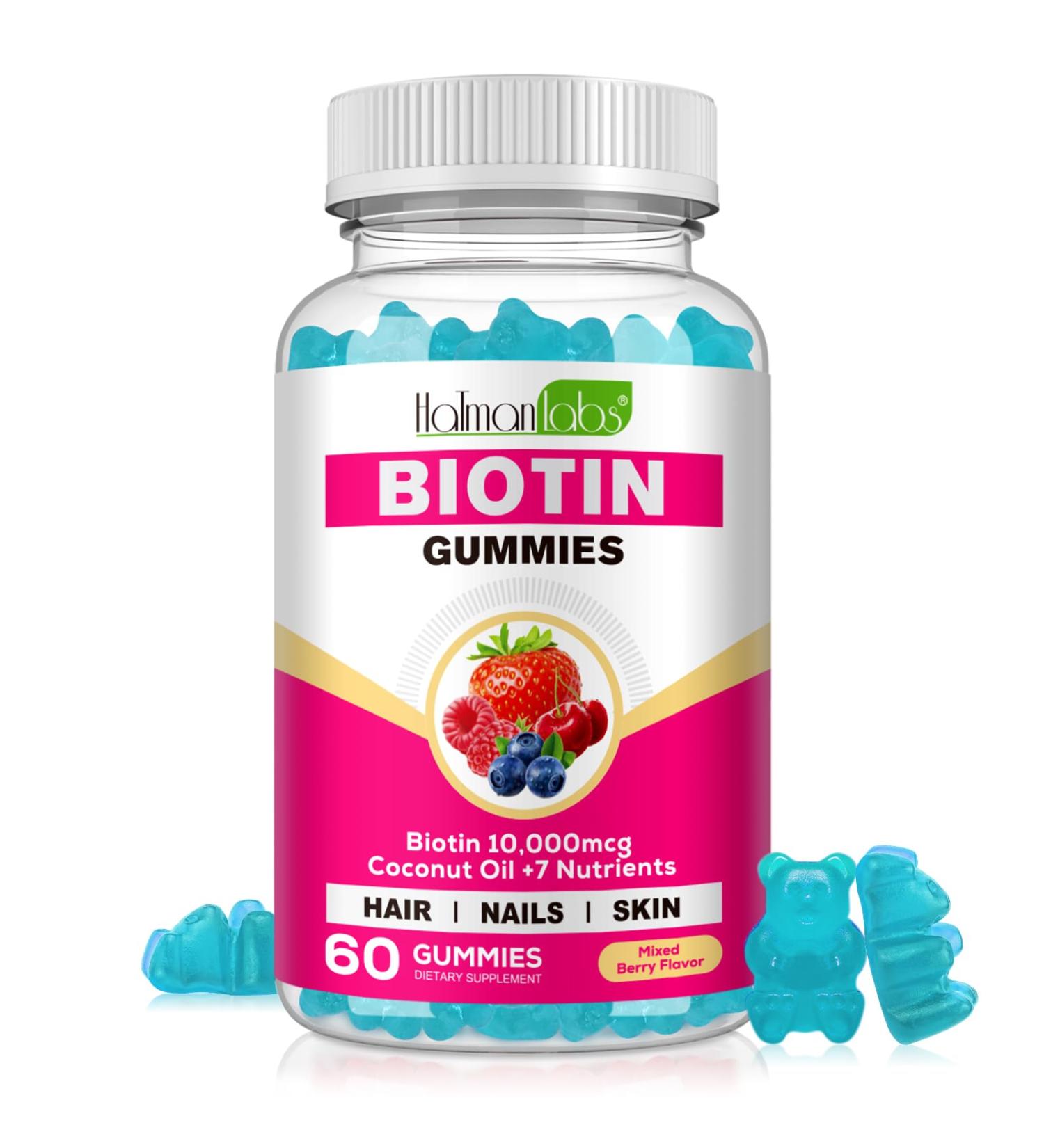 Biotin Hair Growth Gummies 10,000mcg - Chewable Supplement for Healthy Skin, Hair & Nails - Vitamins for Growth and Hair Loss with Coconut Oil - 60 Count - Buy Online on GoSupps.com