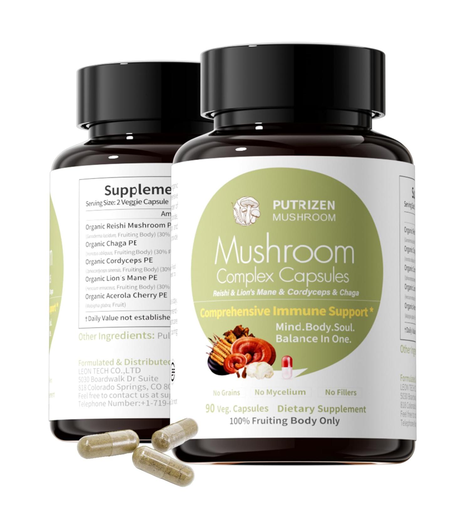 PUTRIZEN High-Efficiency Mushroom Complex Supplement: 90 Capsules 4-in-1 Energy-Supporting Brain Supplements for Stress Relief Enhanced Focus - Buy Online on GoSupps.com