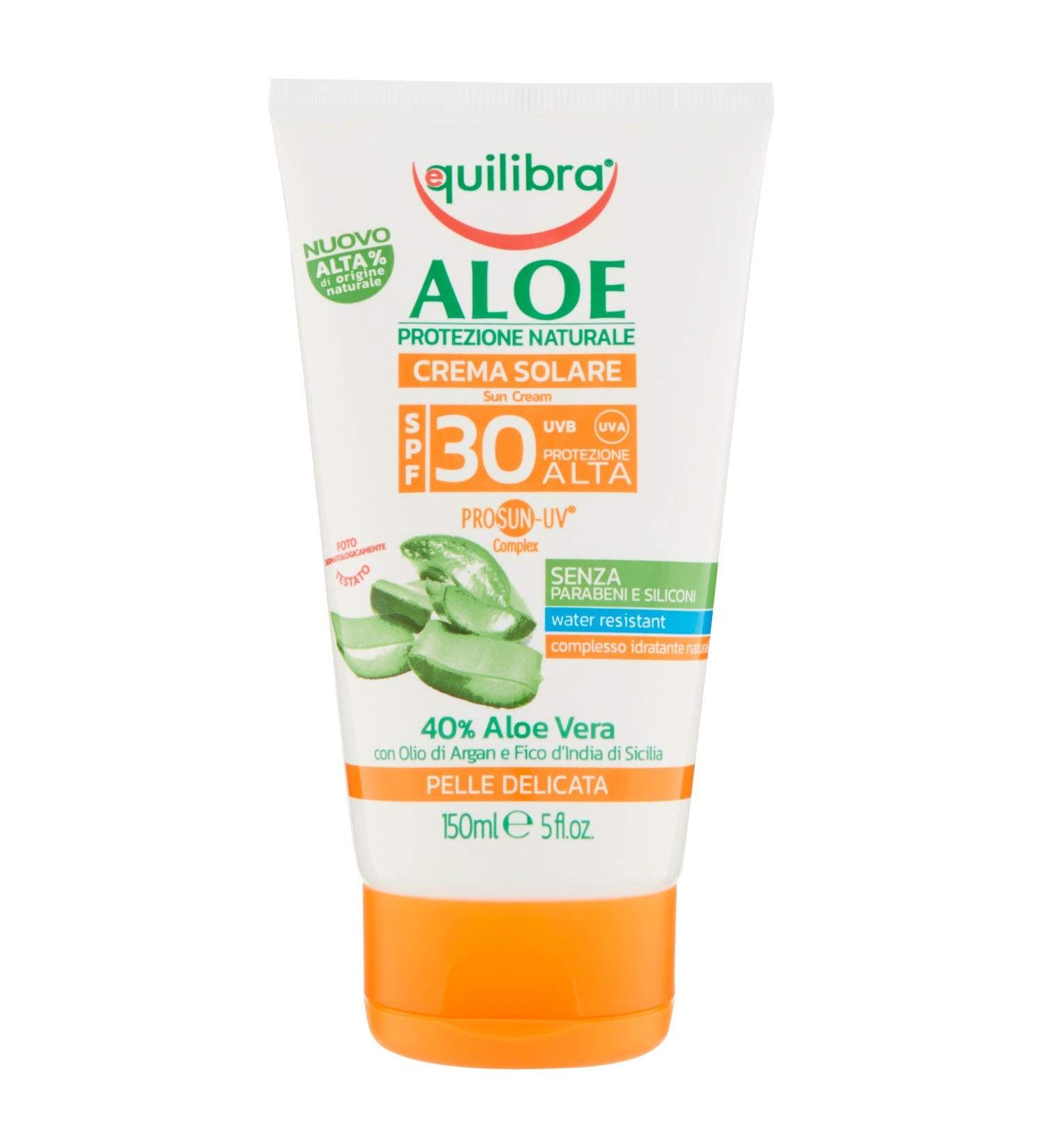 Equilibra Solari Aloe Sunscreen SPF 30 - Water-Resistant Cream with Aloe Vera Almond Milk Carrot Oil & Vitamin E | 150 ml - Sun Protection for Healthy Browning - Buy Online on GoSupps.com