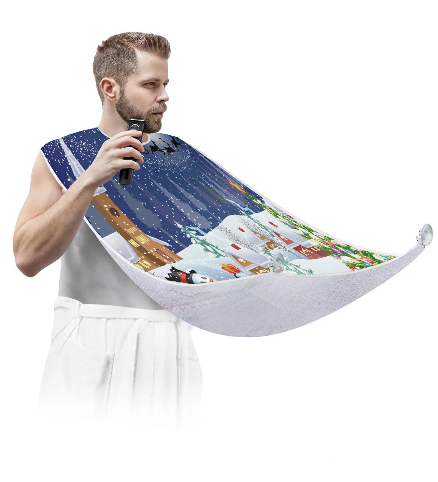 Christmas Tree Snowman Beard Bib Apron - Waterproof Non-Stick Grooming Cloth for Men | Perfect Shaving & Trimming Gift with 2 Suction Cups - Buy Online on GoSupps.com