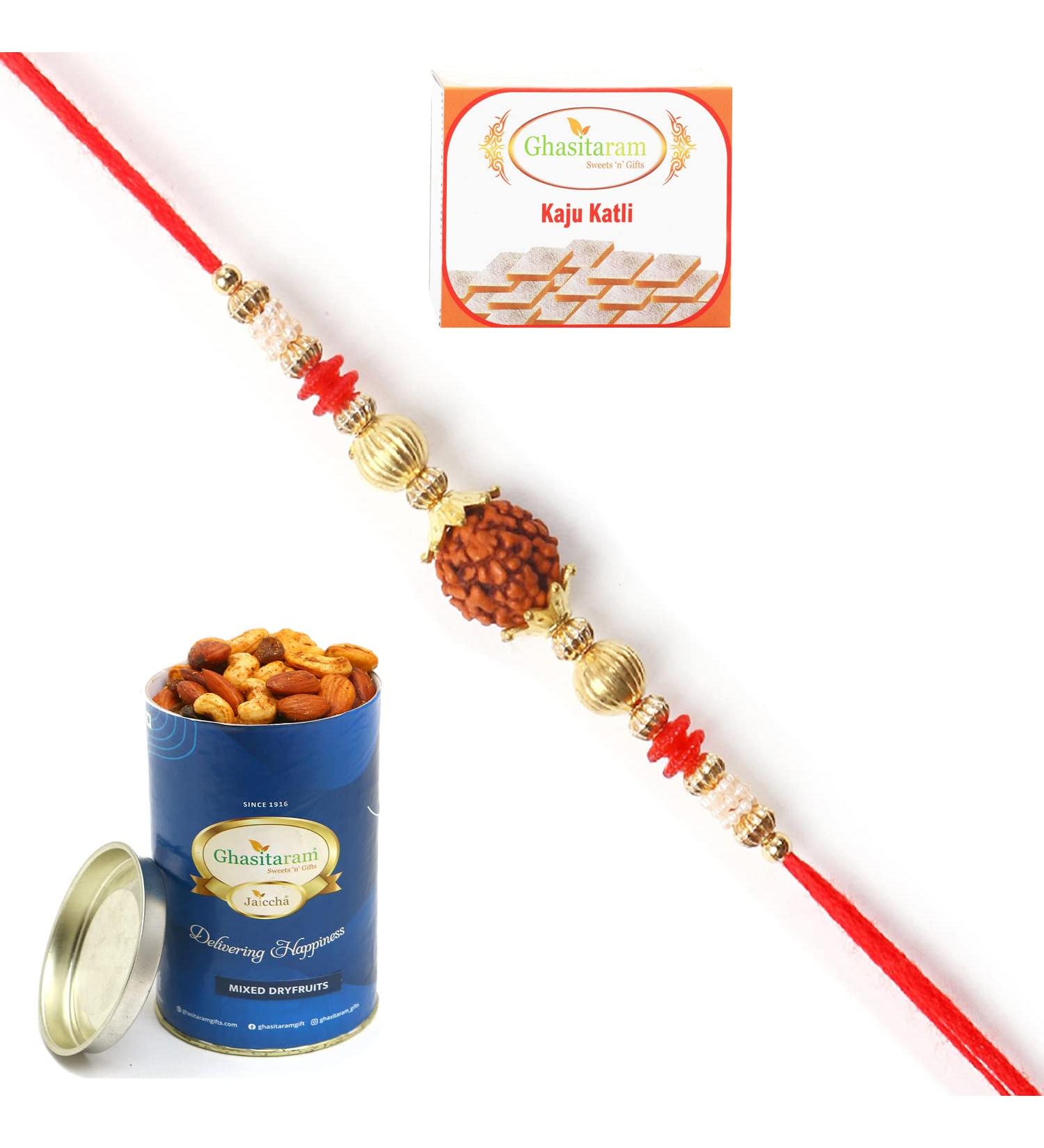 Ghasitaram Gifts Rakhi for Brother Rakhis Online 6176- Rudraksh Rakhi with 100 GMS of Dryfruits Mix Can 200 GMS of Kaju katli Rakhi & 100g Dryfruits Mix Can 200g Kaju katli - Buy Online on GoSupps.com