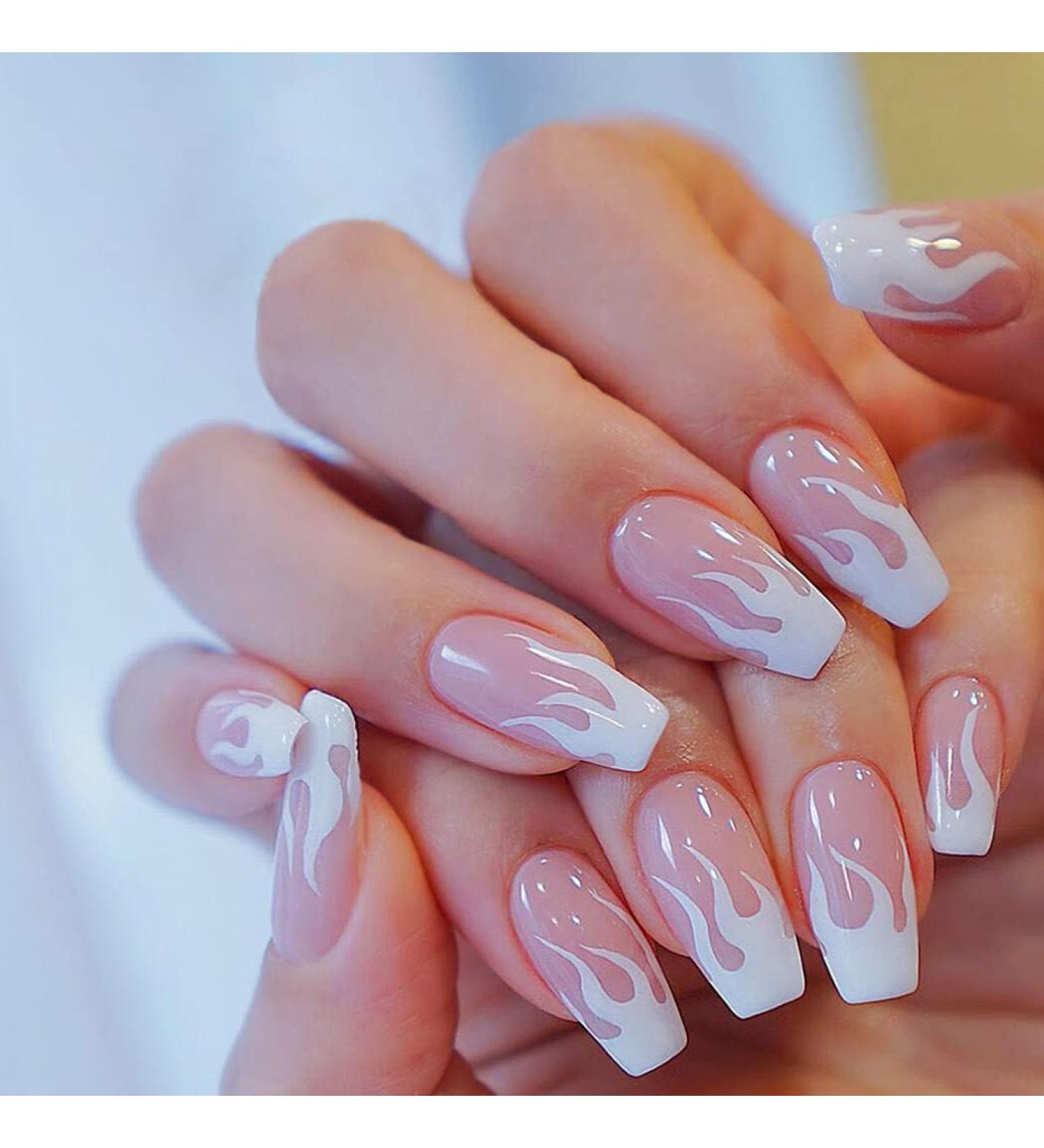 VATOCU Short Pink French Flame Coffin Press-On Nails - 24 Shiny Ballerina Nail Tips for Women & Girls - Buy Online on GoSupps.com