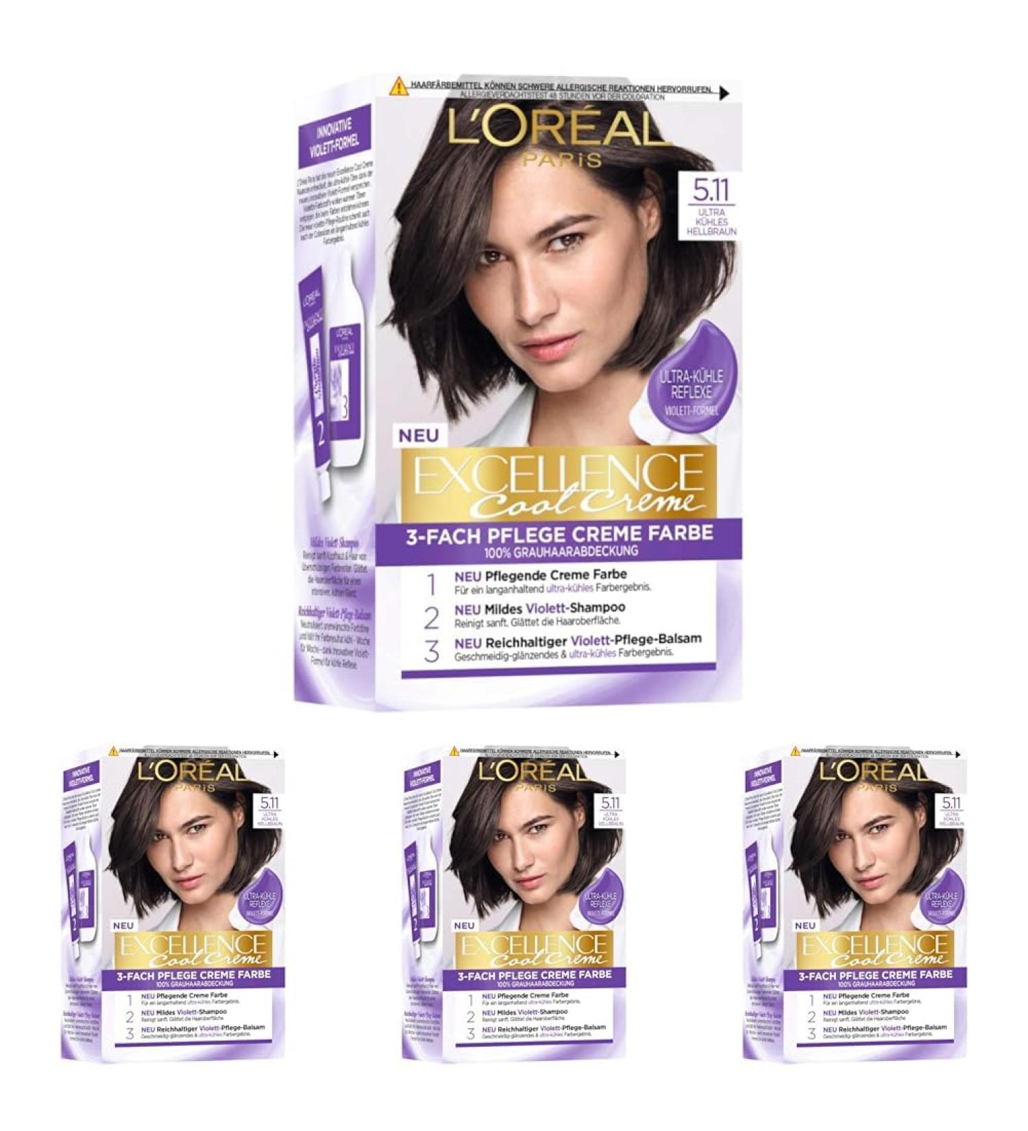 L'Or al Paris Permanent hair color with an ultra cool color result 100% gray hair cover set with coloring shampoo and care cream Excellence cool No. 5.11 light brown (brown) (pack with 4) ultra cooling light brown (4 Pack)