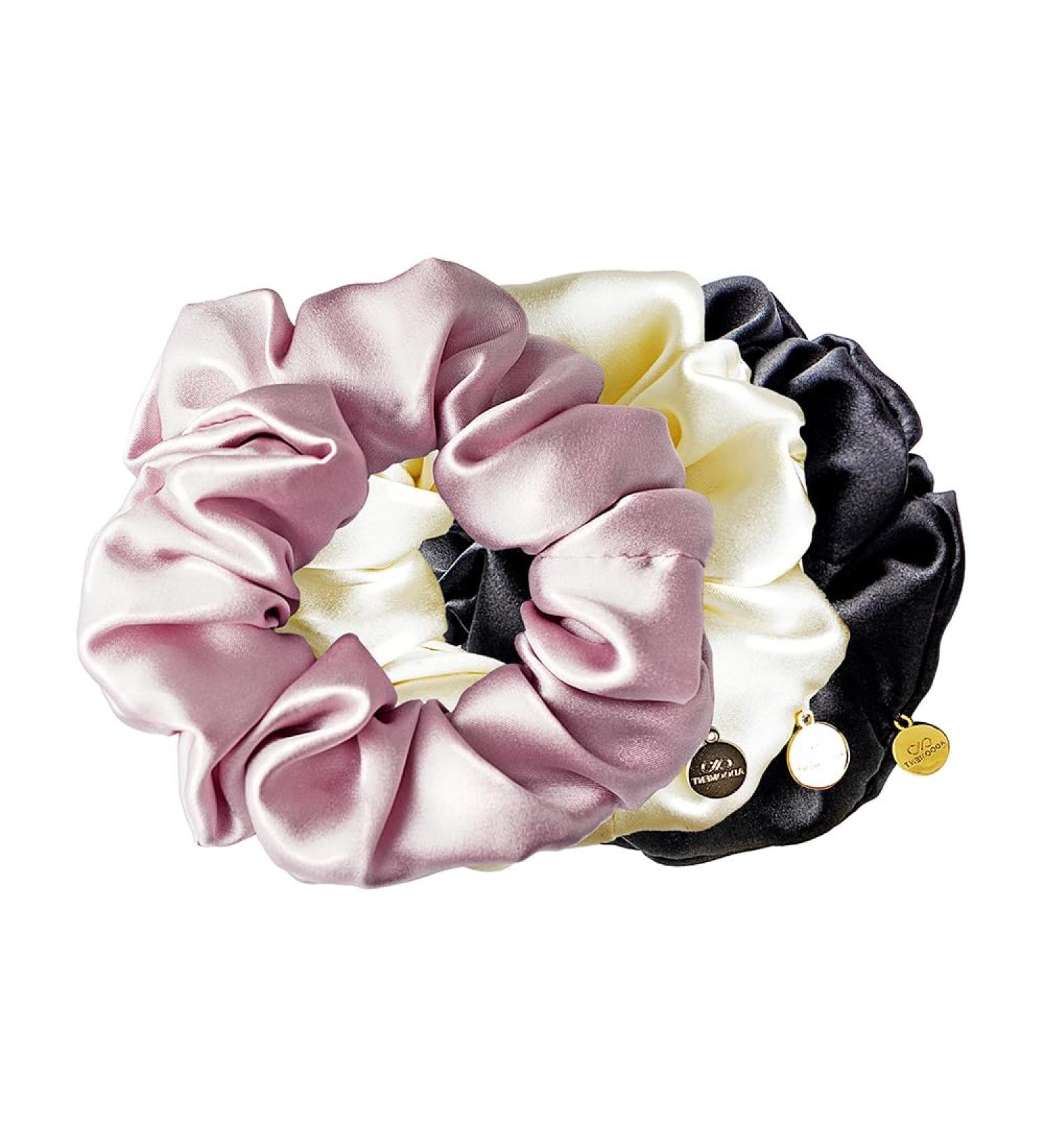 ADOOMENT 3 Pack Silk Scrunchies - Luxury Mulberry Silk Hair Ties for Women - Non-Slip Elastic Hair Scrunchies (Black Champagne Gold Pink) - 1.4 Inch - Buy Online on GoSupps.com