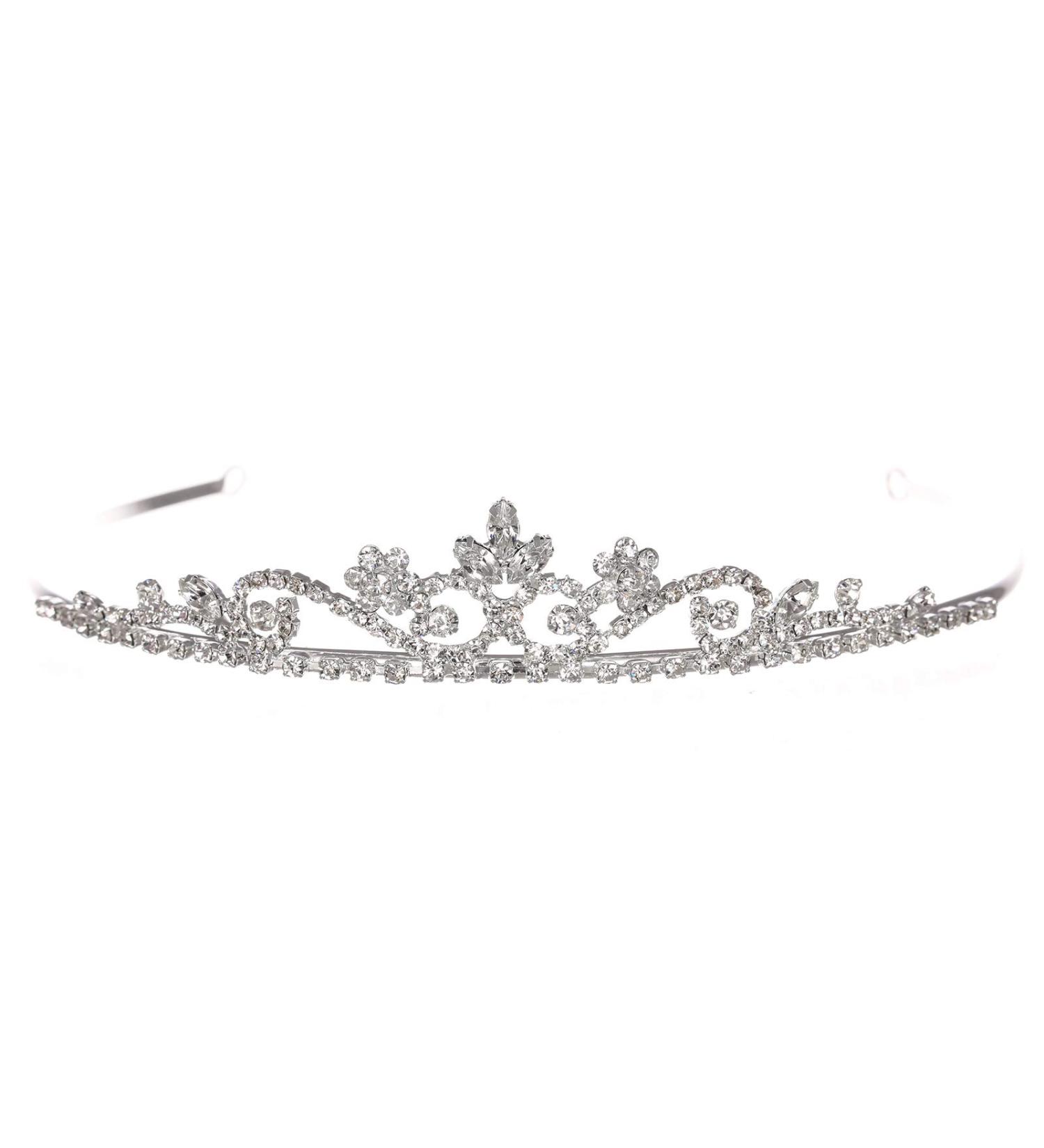 Princess Rhinestone Crystal Flower Tiara Crown for Bridal Wedding Prom - Clear Crystals, Silver Plated - Buy Online on GoSupps.com