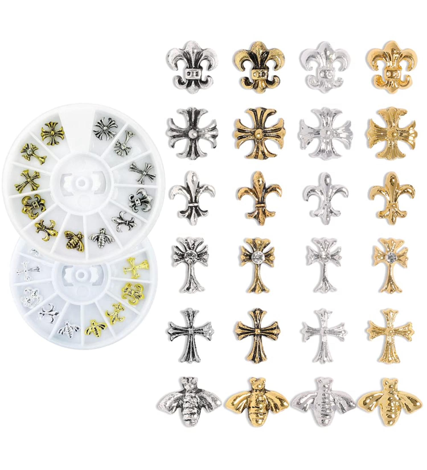 2 Boxes AB Nail 3D Art Accessories - 24 Pcs Mixed Sizes, Multi Shapes Manicure Decoration in Golden and Silver - Nail Face Makeup DIY Craft - Buy Online on GoSupps.com