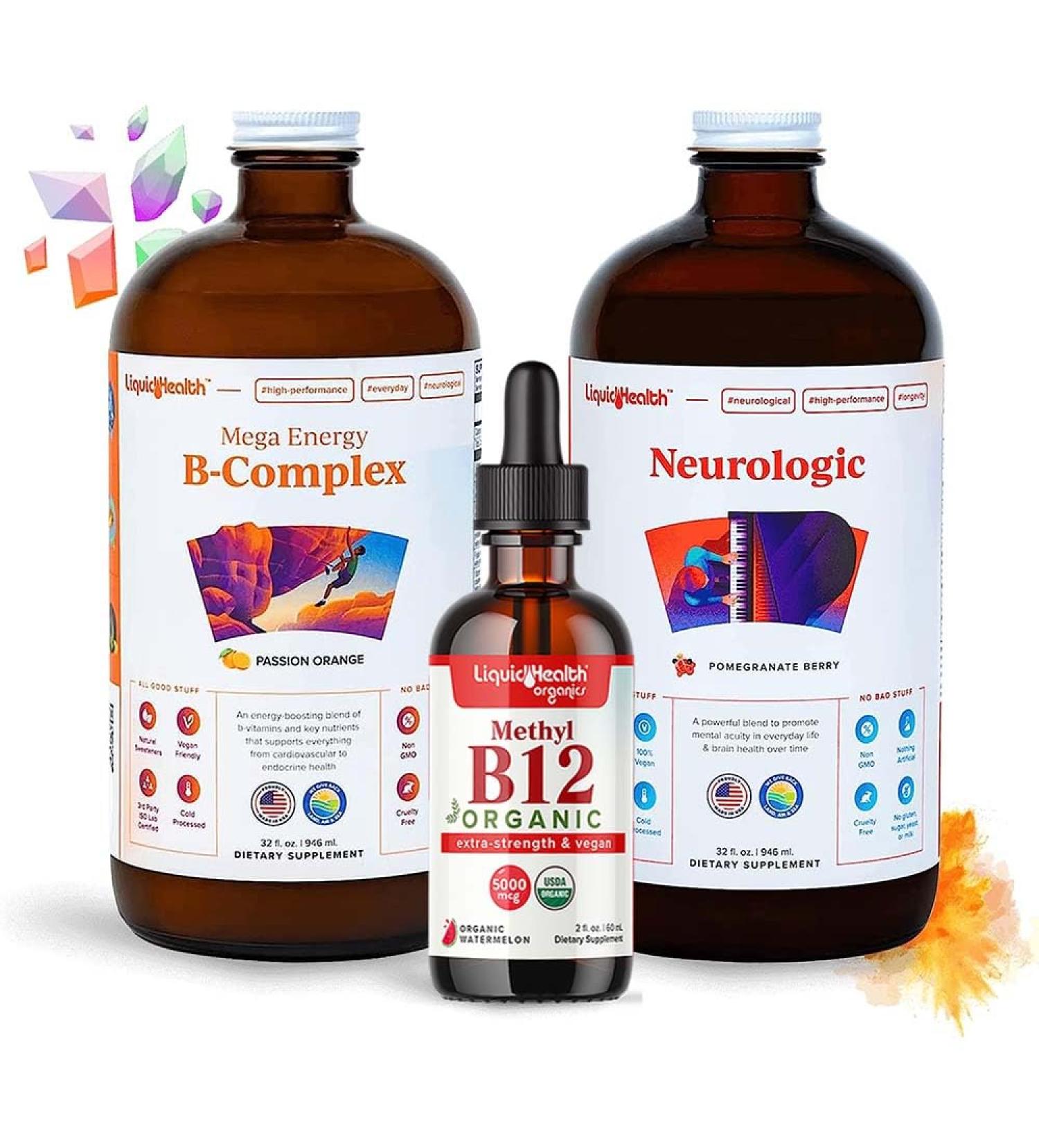 LIQUIDHEALTH Adult Focus & Energy Liquid Vitamin Bundle with Mega Energy B-Complex USDA Organic Methyl B12 Drops Neurologic Nootropic Focus Supplement - Boost Energy Mood - USA Made Vegan Non-GMO - Buy Online on GoSupps.com