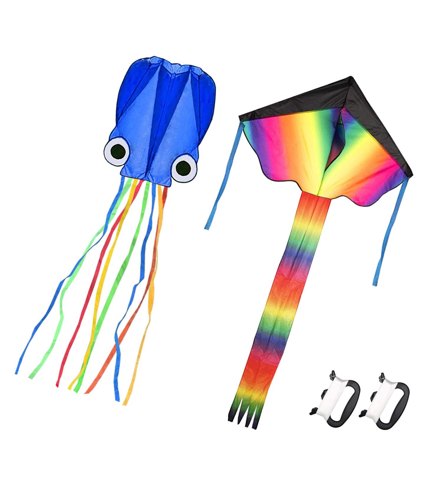 Homdipoo Rainbow Octopus Kite 2-Pack for Kids and Adults - Easy-to-Fly Kites with Handles and 300ft String - Outdoor Beach Kite in Multicolor (MUL+Blue) - Buy Online on GoSupps.com