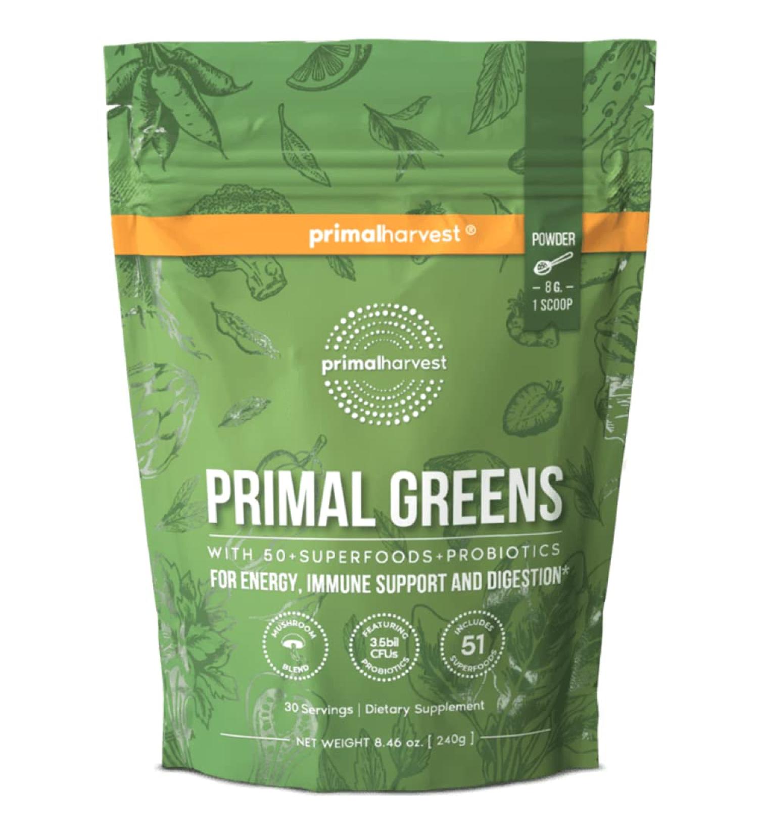Primal Harvest Super Greens Powder - 30 Servings with 50+ Superfoods for Energy Boost - Green Tea, Chlorella, Probiotics, Kale, Turmeric - Primal Greens Green Powder - Buy Online on GoSupps.com