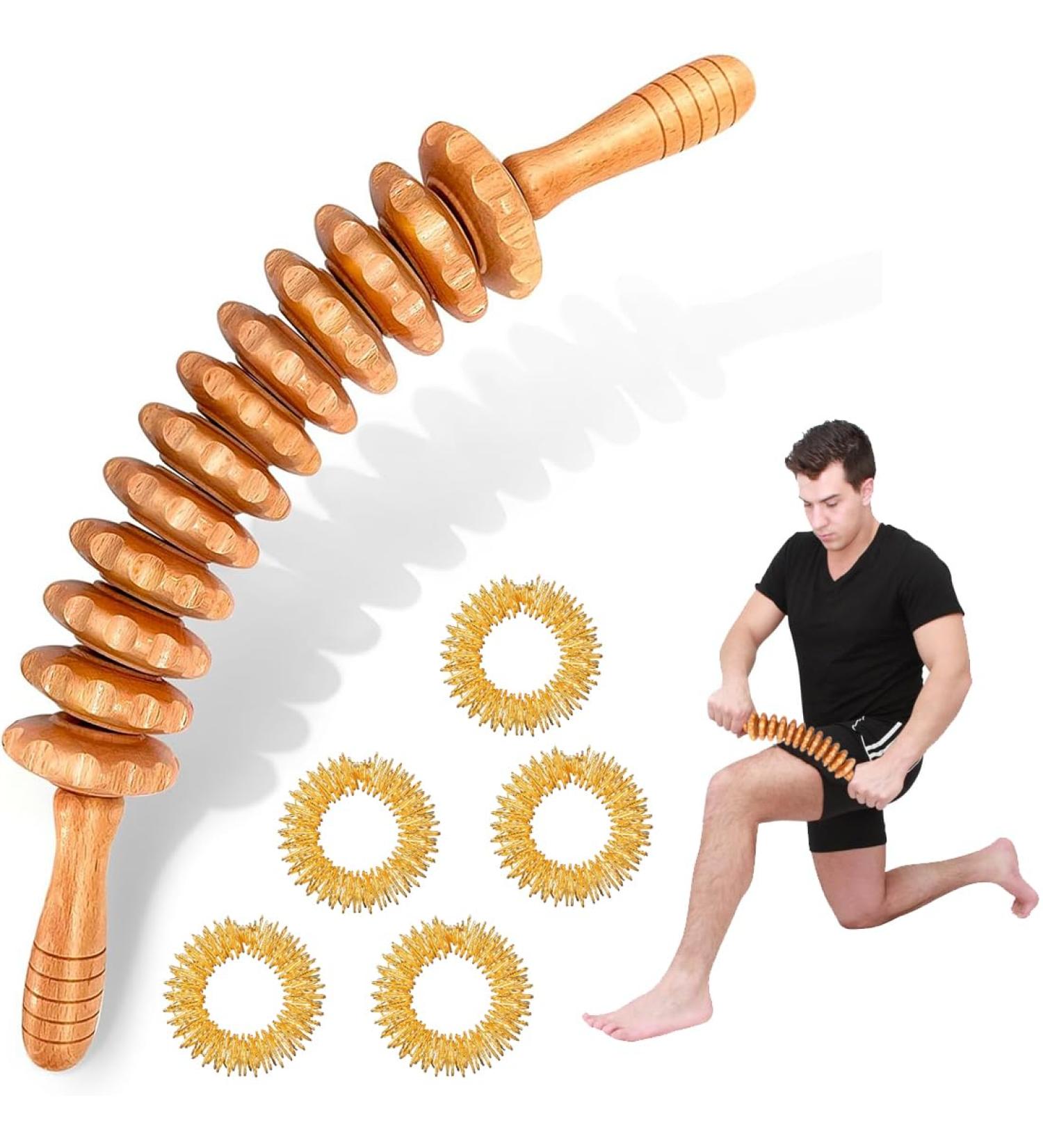 Premium Wood Fascia Roller & Massage Tools | Coffee Massage Roller Gold-Daums Rings for Relaxation & GUA SHA - Perfect Gift for Muscle Recovery - Buy Online on GoSupps.com