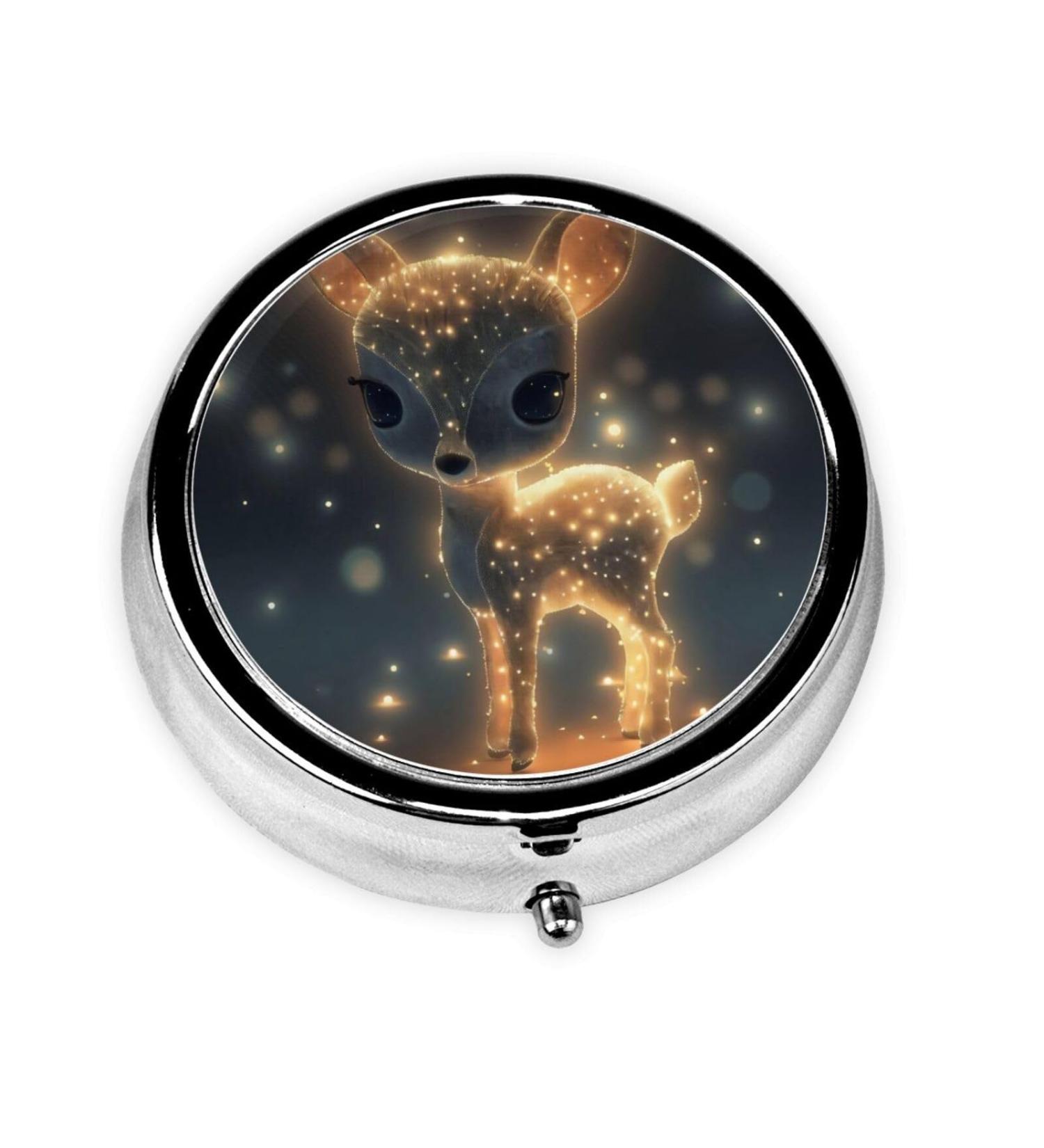 Glowing Cute Fawn Portable Metal Pill Box - Round 3-Compartment Design for Small Pills | Perfect Travel Accessory - Buy Online on GoSupps.com