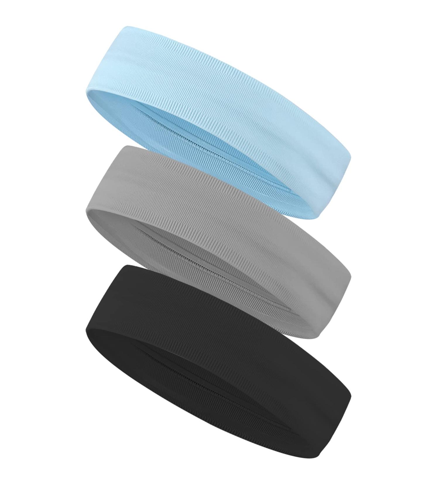 3 Pack Sports Headbands - Non-Slip Elastic Hair Bands for Running Cycling Yoga & Basketball | Black Gray & Blue - Buy Online on GoSupps.com