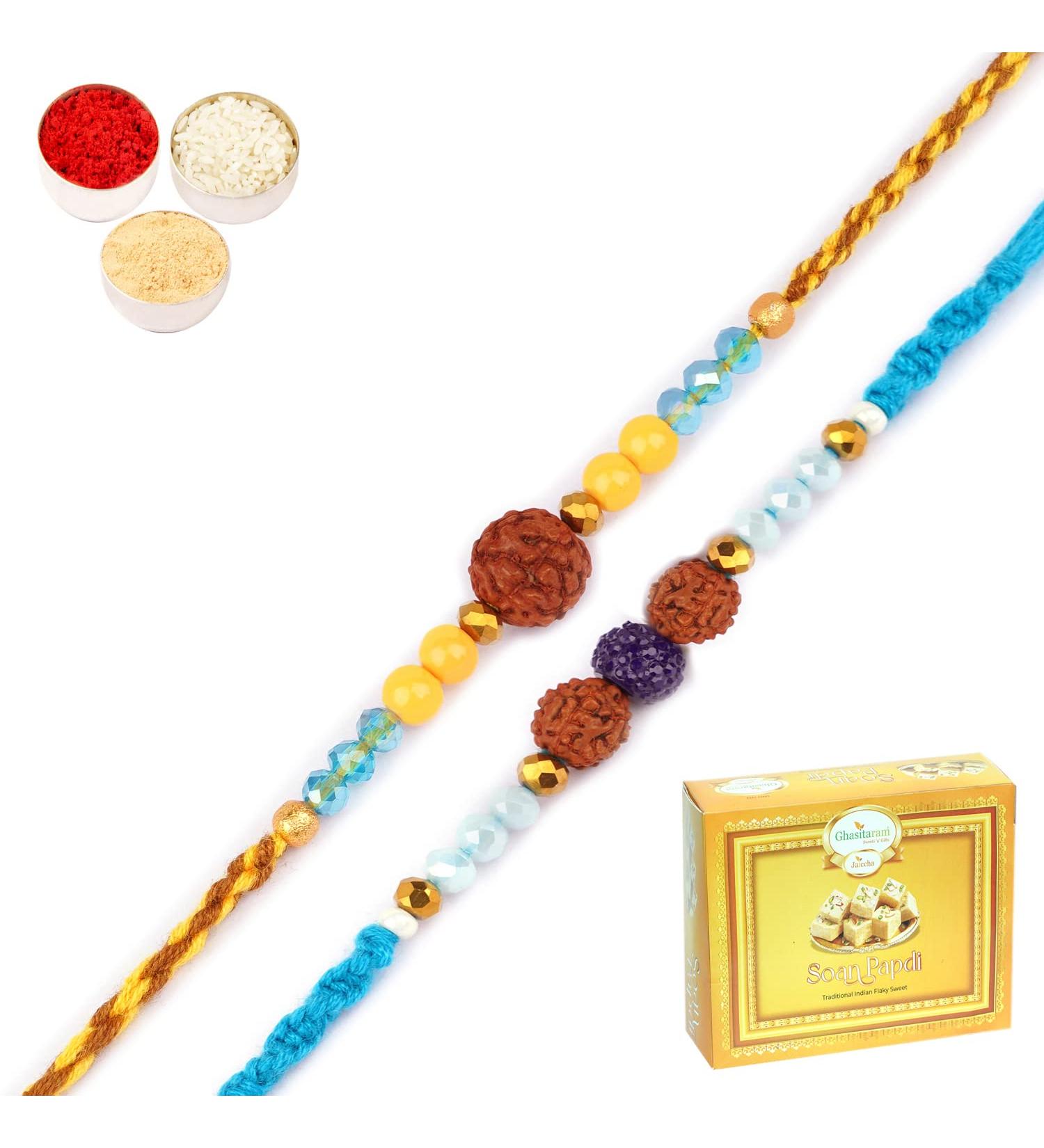 Ghasitaram Gifts Rakhi for Brother Rakhis Online - Set of 2-1906 and 1907 Rudraksh Rakhis with 400 GMS of Soan Papdi - Buy Online on GoSupps.com