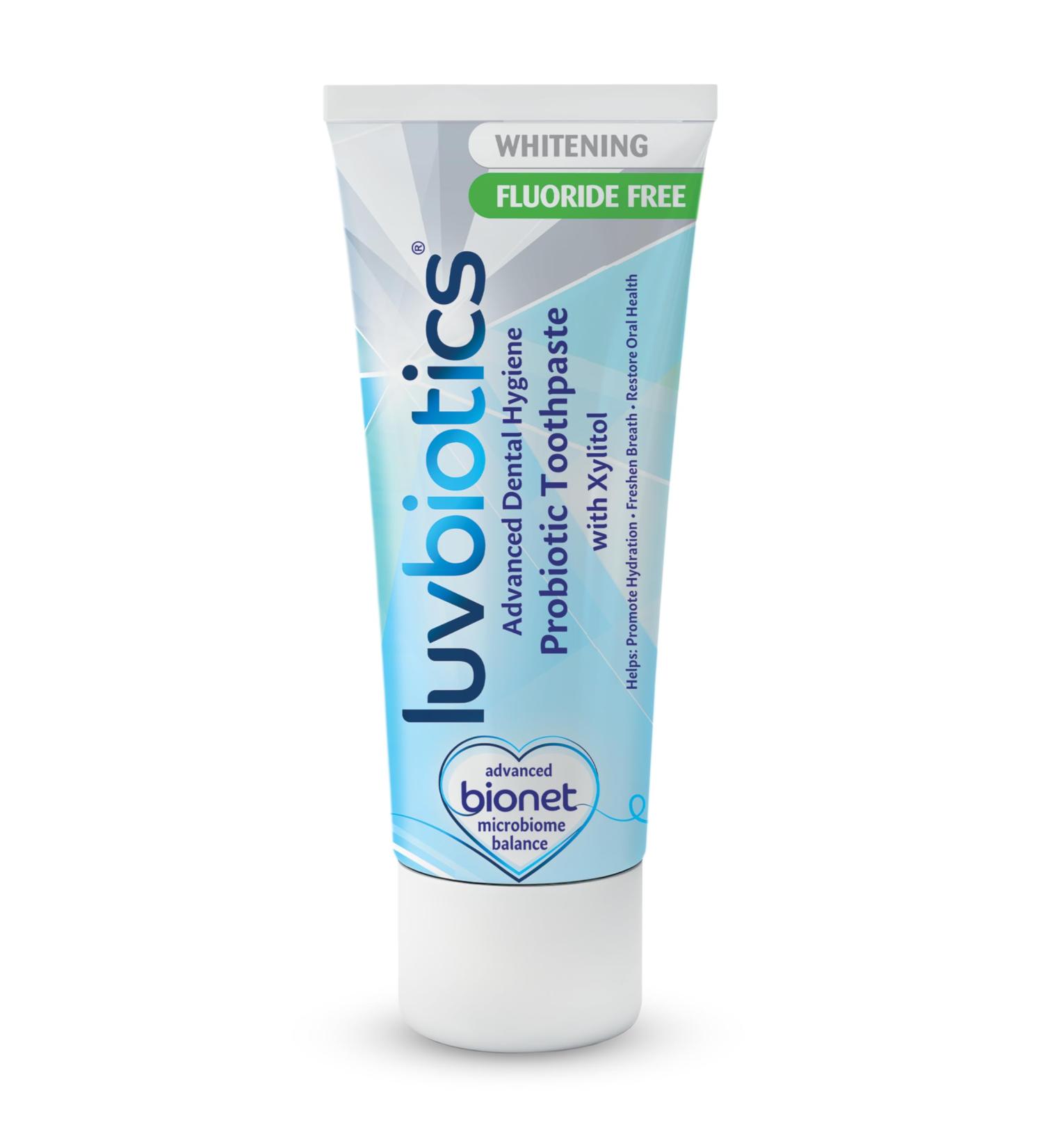 Luv Biotics Dentifrice blanchissant probiotique sans fluorure Haleine fra che et soutien du microbiome buccal avec aloe vera et xylitol sans SLS v g talien 75 ml - Buy Online on GoSupps.com