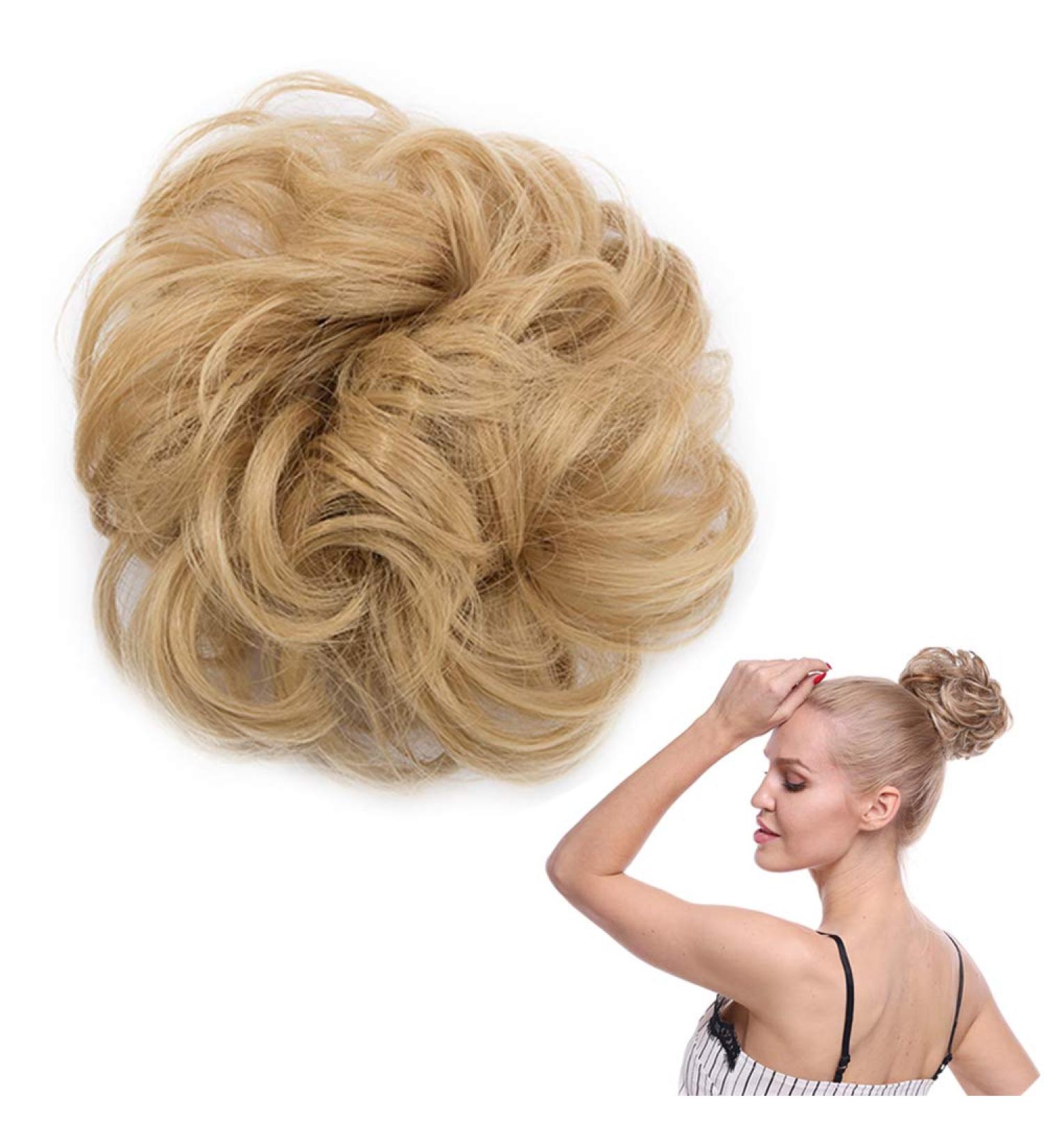 Dark Blonde to Ash Blonde Messy Updo Hairpiece Scrunchie - Curly Hair Bun Extension - Buy Online on GoSupps.com