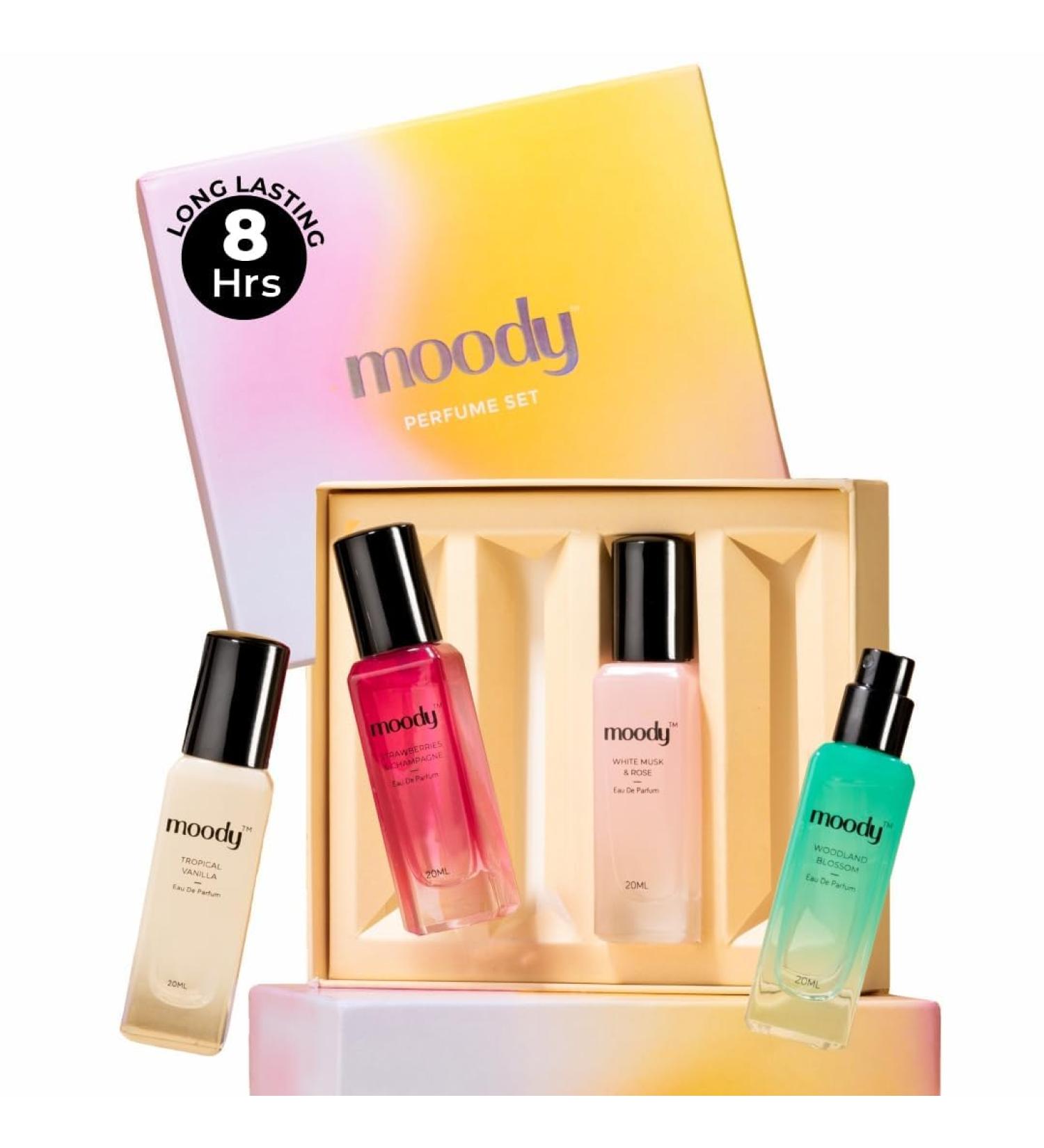 Moody Premium Perfume Gift Set for Women | Eau De Parfum | Long Lasting EDP Fragrance Scent Up To 8 Hours | Birthday Gift for Women | Strawberry Tropical Vanilla Perfume Gift for Women Pack of 4x20ml - Buy Online on GoSupps.com