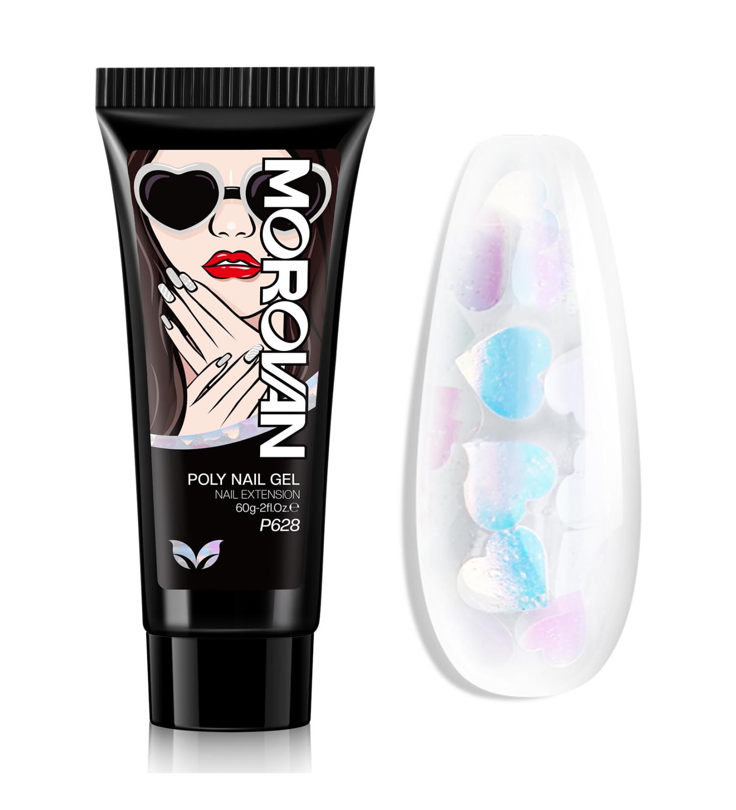 Morovan Poly Gel Nail - 60ml Poly Gel Nail Clear Heart Glitter Color Poly Gel Extension for Nail Enhancement Nail Art Designs Long Lasting and Easy to Use DIY Salon Manicure Gifts