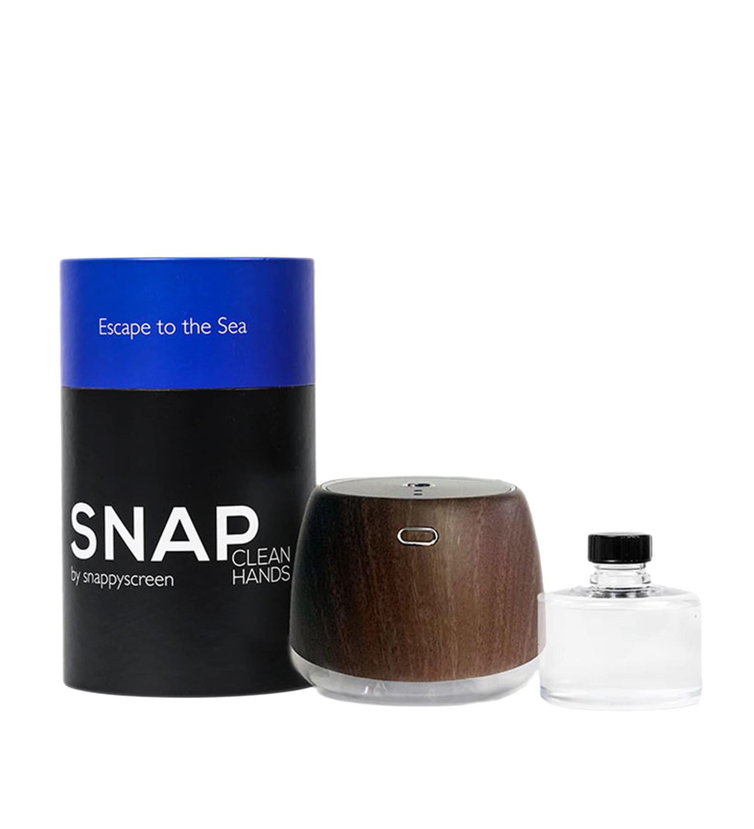 SnappyScreen SNAP Wellness Touchless Hand Sanitizer Device (Woodgrain) + Escape to the Sea Cartridge - Coconut & Sea Salt - Buy Online on GoSupps.com