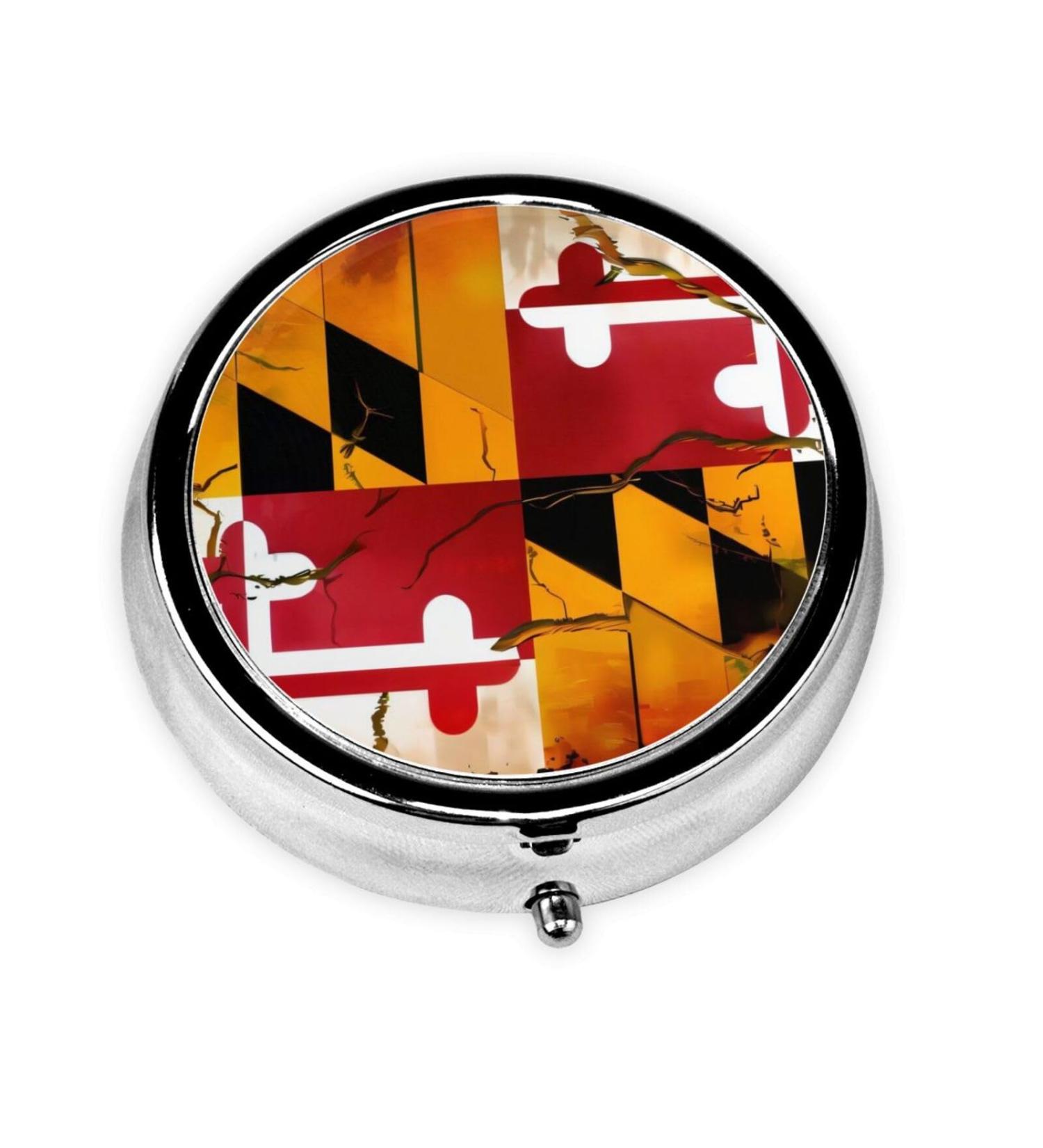 Vintage Wooden Maryland Flag Pill Box - Round Mini 3-Compartment Design for Travel | Portable Metal Pill Organizer - Buy Online on GoSupps.com