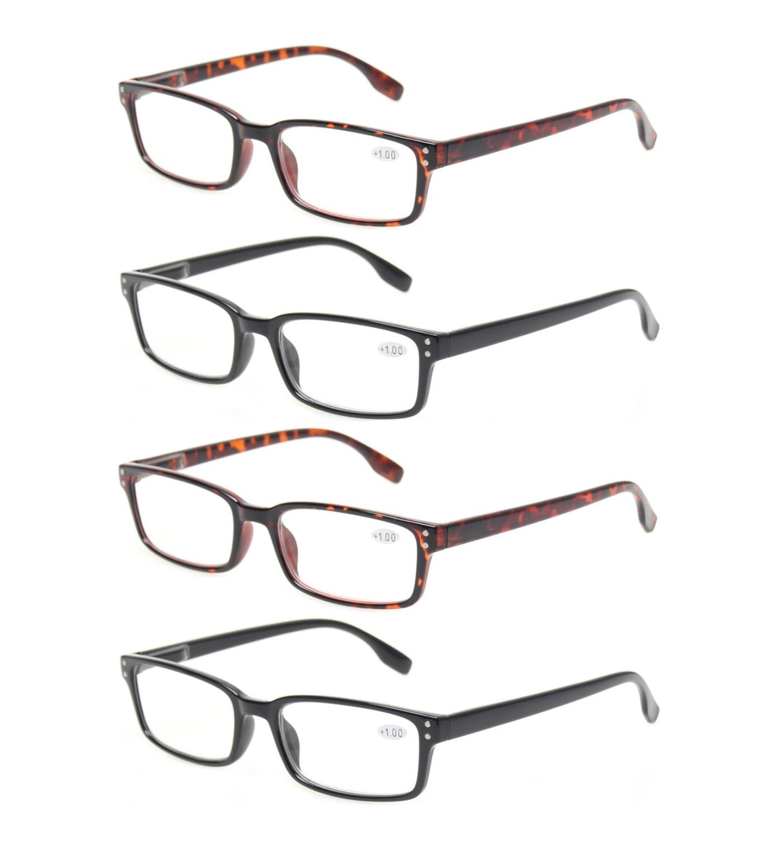 Kerecsen Rectangular Reading Glasses for Men - Retro Style Spring Hinges Comfortable +1.75 Magnification (4-Pack: 2 Black 2 Tortoise) - Buy Online on GoSupps.com