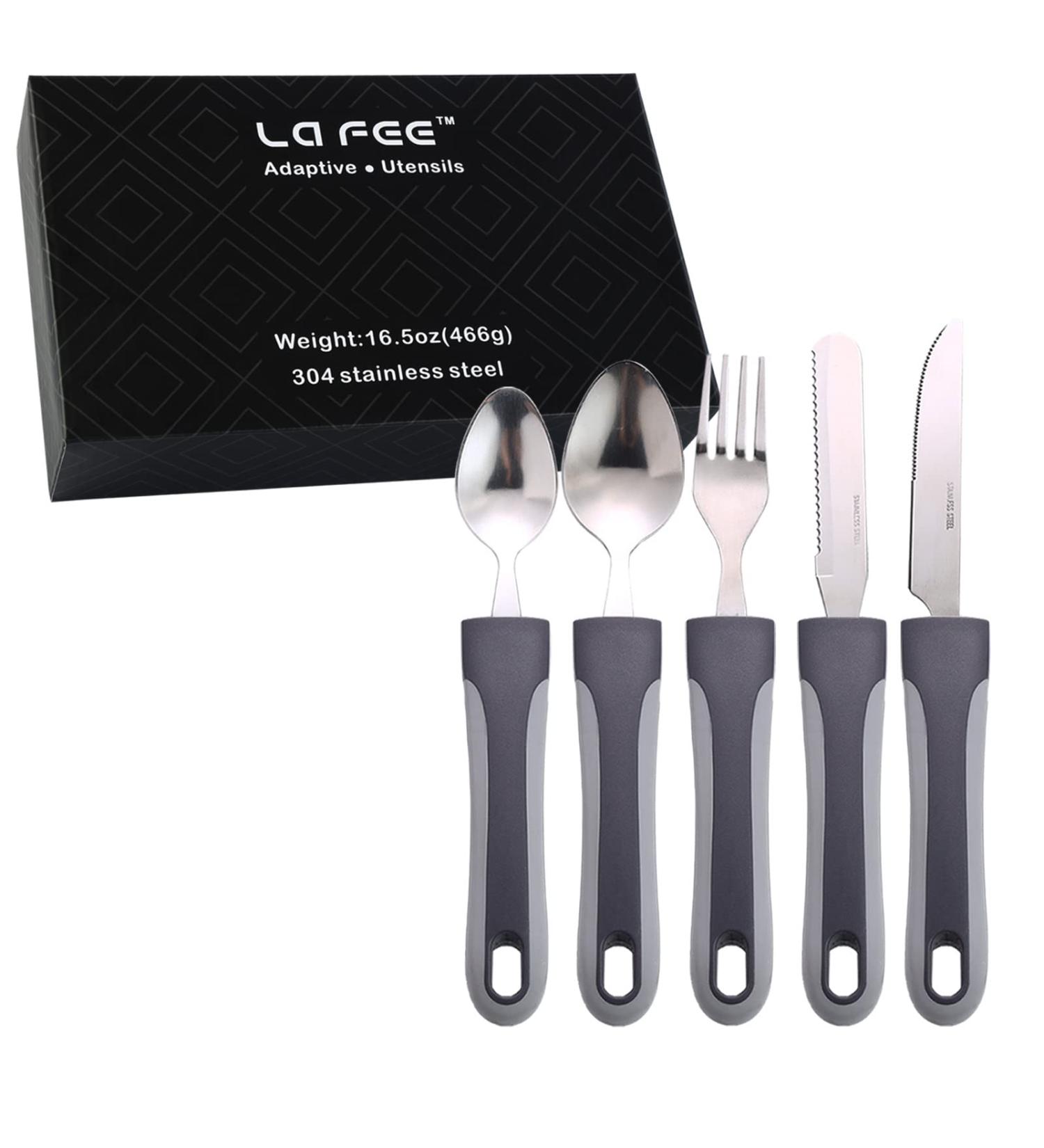 Stainless Steel Weighted Utensils for Hand Tremors & Weak Grip - 7 Piece Set with Non-Slip Handles, Ideal for Elderly & Handicapped - Includes Travel Pouch and Adult Bib - Buy Online on GoSupps.com
