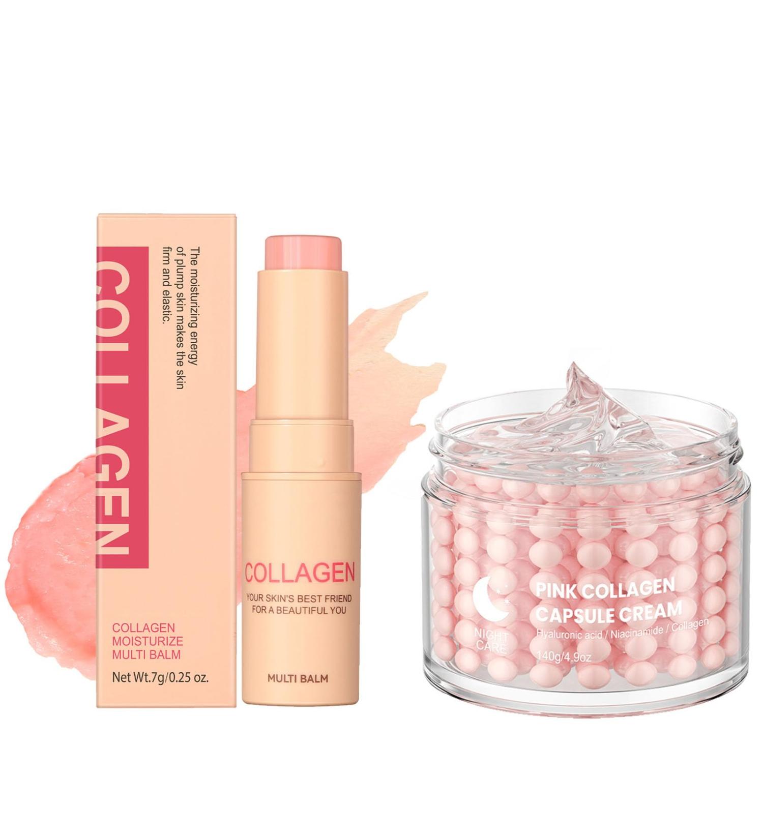Collagen Wrinkle Bounce Multi Balm Stick & Pink Collagen Capsule Cream Anti-Aging Reduce Fine Lines Enhances Elasticity & Plump Deep Moisturizing for all Skin Type - Buy Online on GoSupps.com