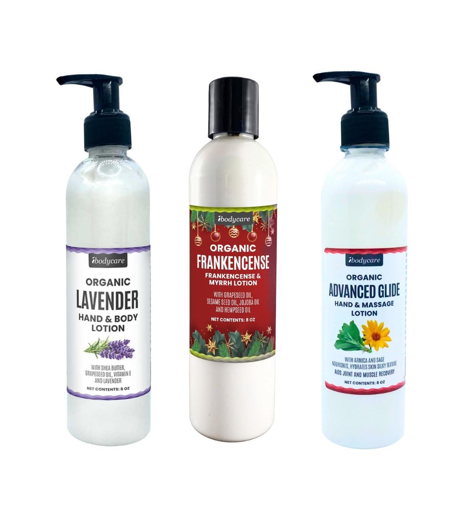 ibodycare Organic Lotion Gift Set 8 oz Bottles Lavender Hand & Body Frankincense & Myrrh Advanced Glide Massage 3-Pack