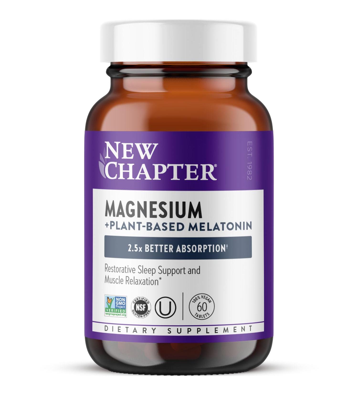 New Chapter Magnesium + Plant-Based Melatonin Supplement with 2.5X Better Absorption Magnesium Glycinate & Non-GMO Melatonin 1 mg from Tomato Sleep Aid & Muscle Relaxation* - 60 Tablets - Buy Online on GoSupps.com