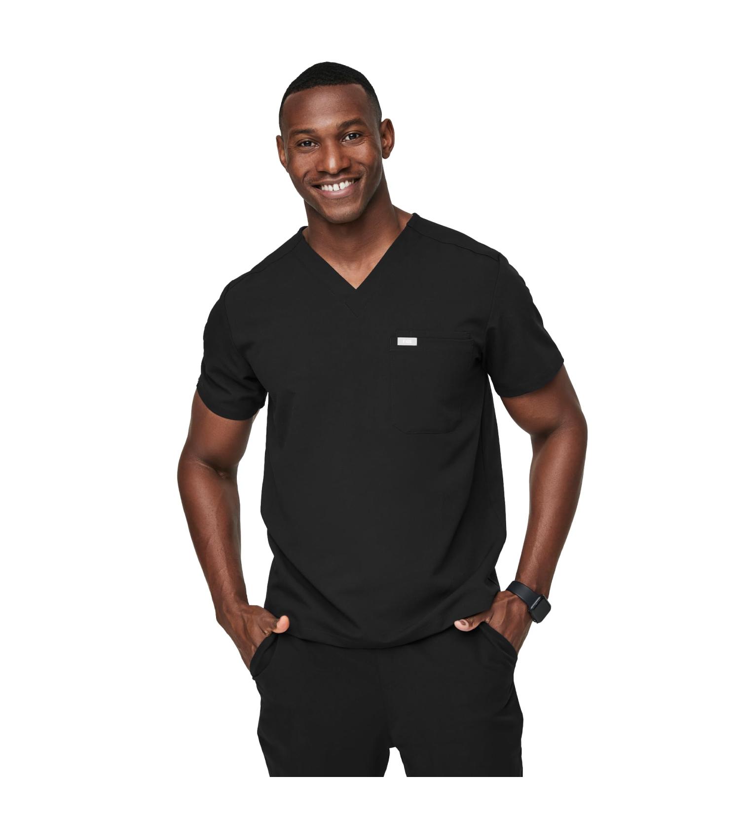 FIGS Leon Men's Scrub Top - Tailored Fit V-Neck, 3 Pockets, 4-Way Stretch | Medium Black - Buy Online on GoSupps.com
