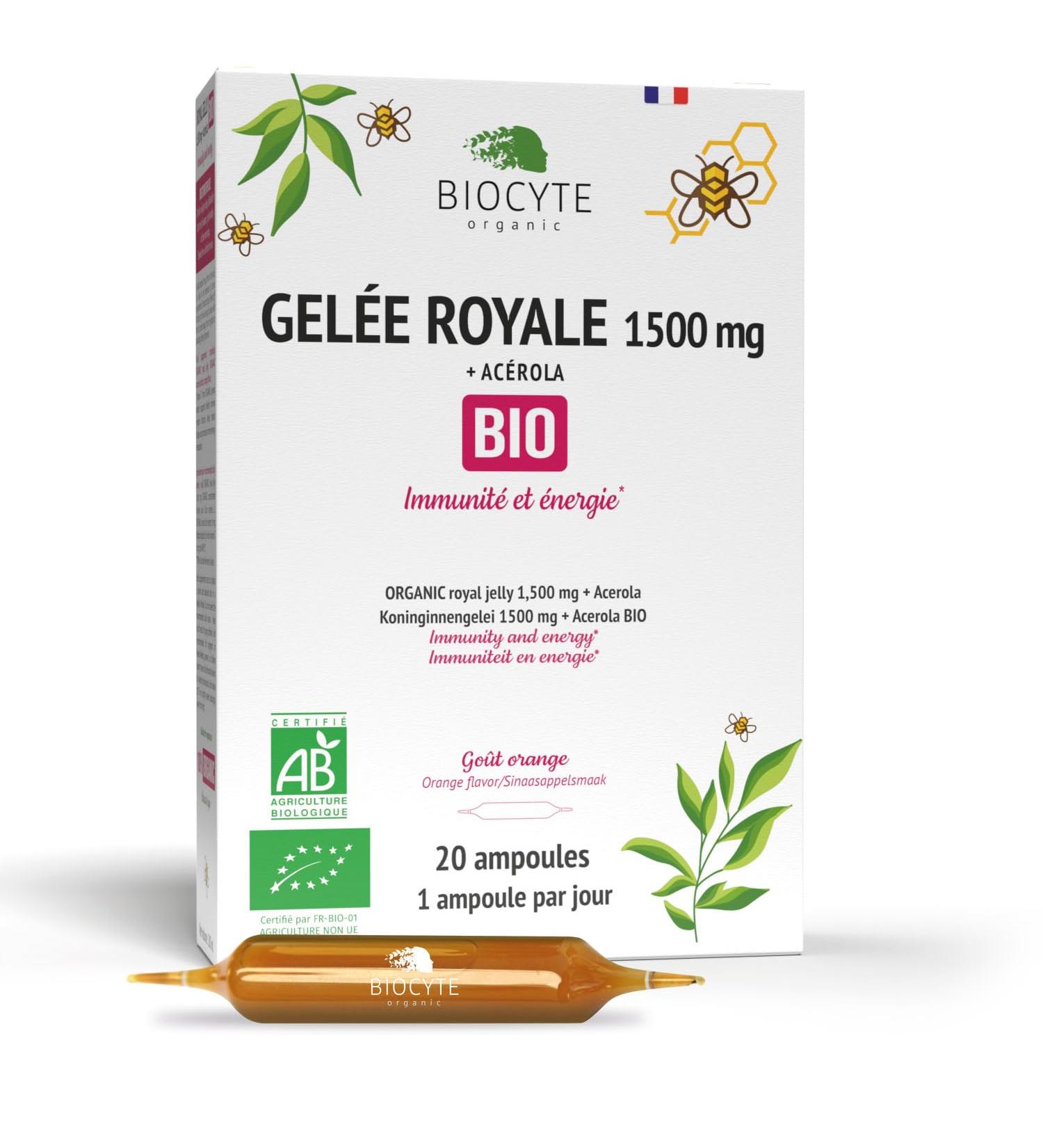 BIOCYTE Organic Royal Jelly - Natural Food Supplement Immunity & Energy Reduces Fatigue - Organic Royal Jelly Vitamin C Organic Acerola - Orange Flavor - 20 Ampoules - 20 Days Program - Buy Online on GoSupps.com