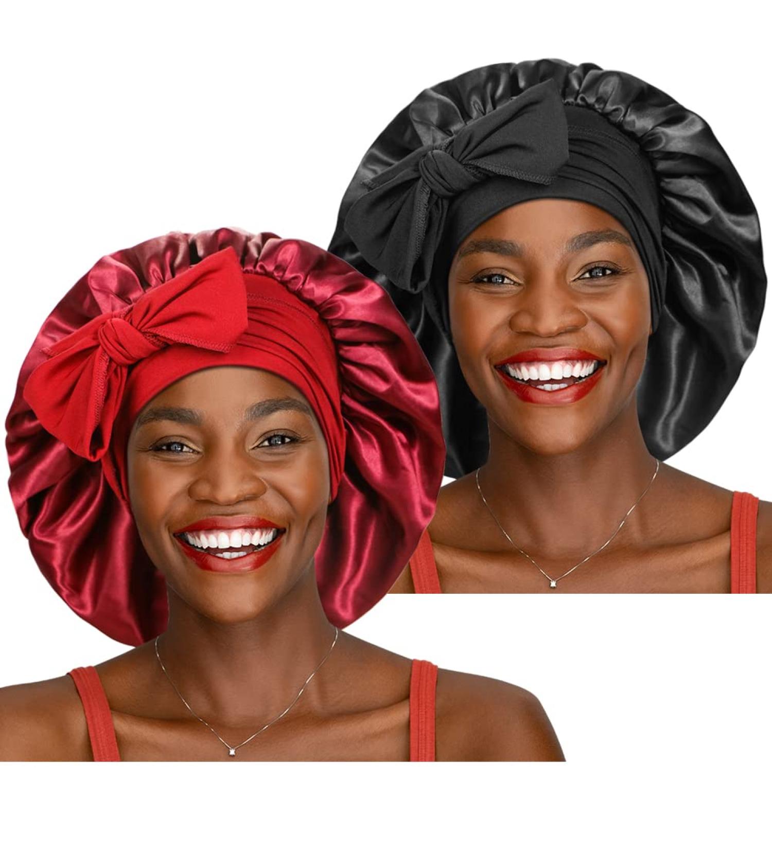 Adjustable Silky Hair Bonnet Set for Women - Black & Wine Red Satin Sleeping Cap - Jumbo Size with Wide Elastic Bands - Buy Online on GoSupps.com