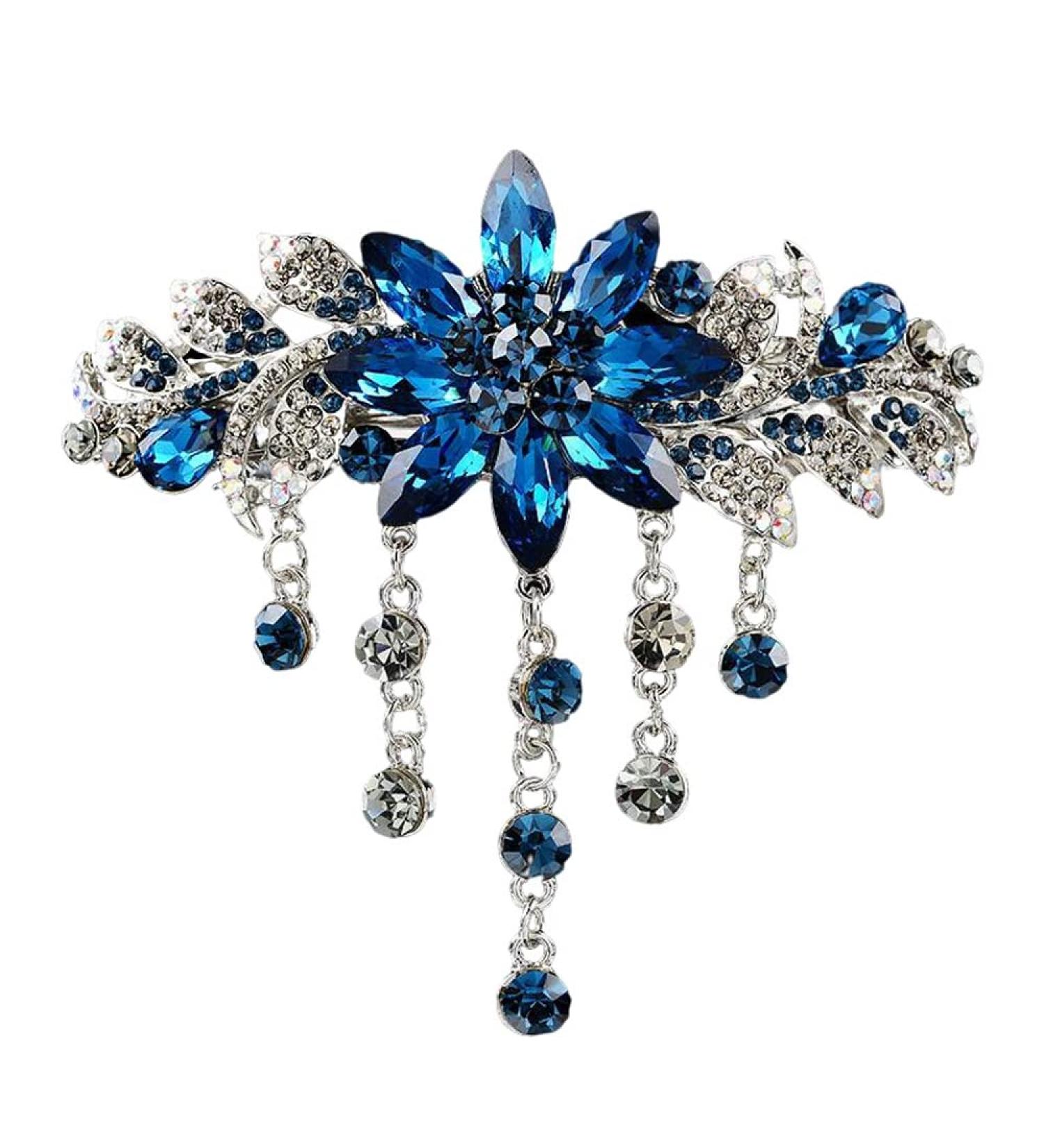 E EMZHOLE Royal Blue Flower Tassel Hair Barrette | Rhinestone Crystal Clip for Women & Girls - Buy Online on GoSupps.com
