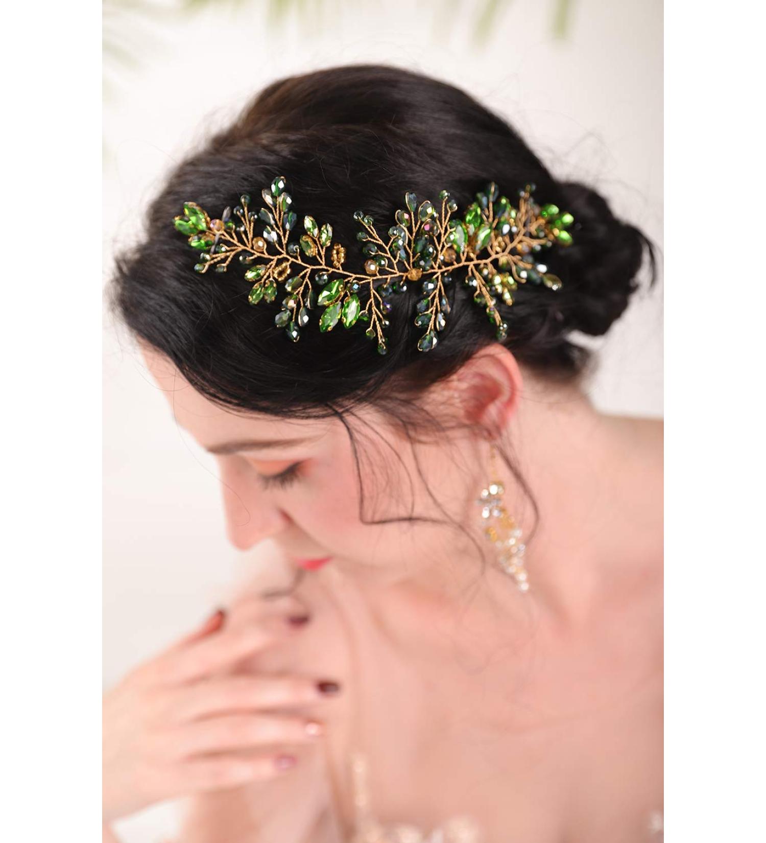 BERYUAN Women Classy Hair Vine Emerald Hair Vine Green Crystal Rhinestone Wedding Hair Accessory Gift for Her Party Headress for Bride Bridesmaid Girls(Gold) (vine) - Buy Online on GoSupps.com