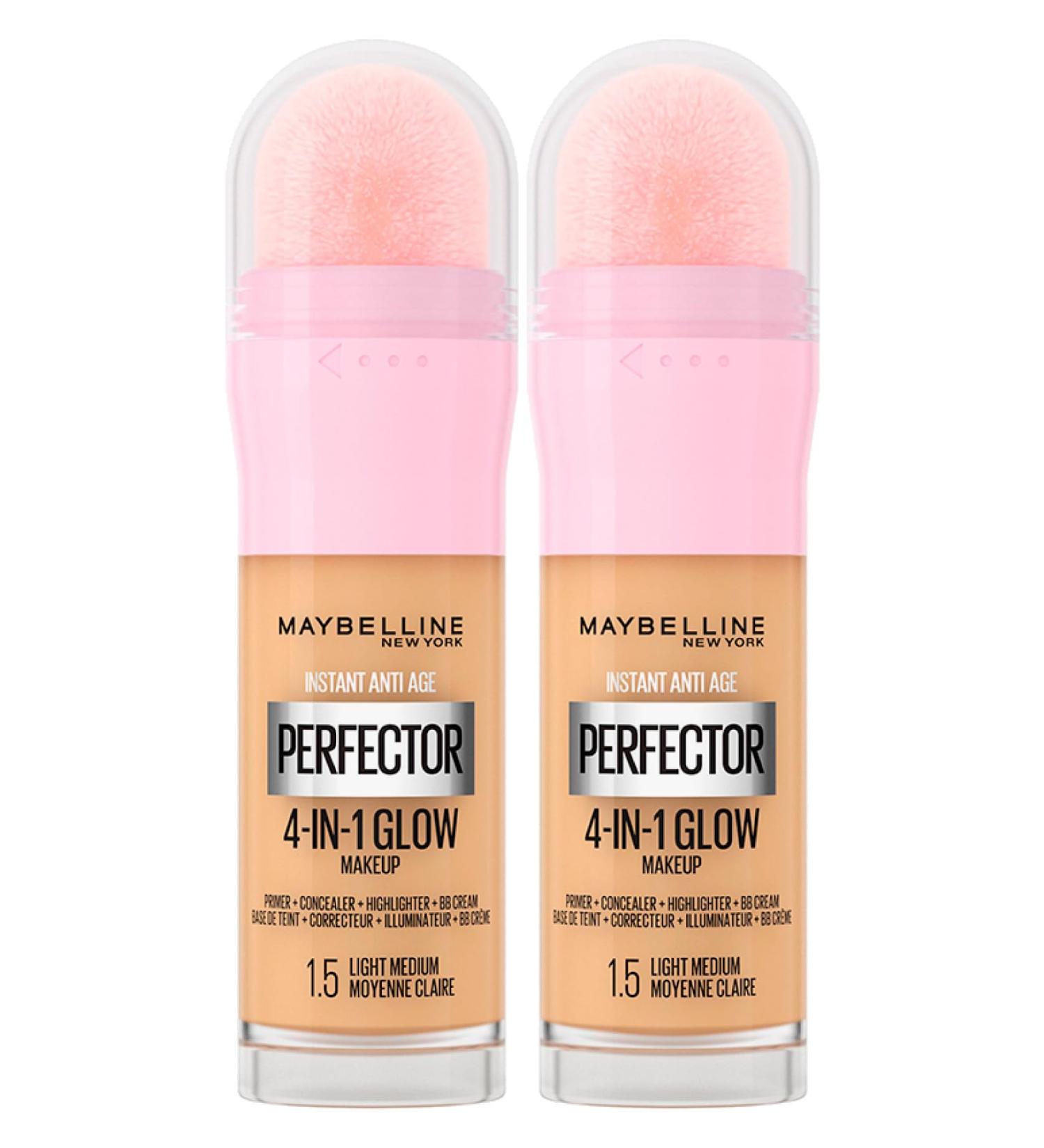 Maybelline New York Instant Age Perfector Glow 4-in-1 Concealer BB Cream Lightening Primer Color 1.5 Light Medium with Application Sponge 2 Bottles of 20 ml - Buy Online on GoSupps.com