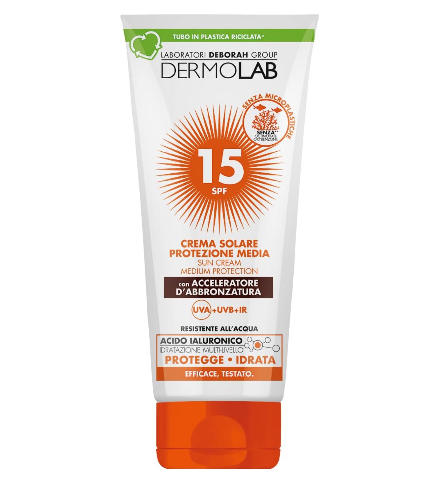 Dermolab - Sun cream for face and body medium protection SPF 15 with tanning accelerator contrasts skin aging and UVA rays water resistant tested - Buy Online on GoSupps.com