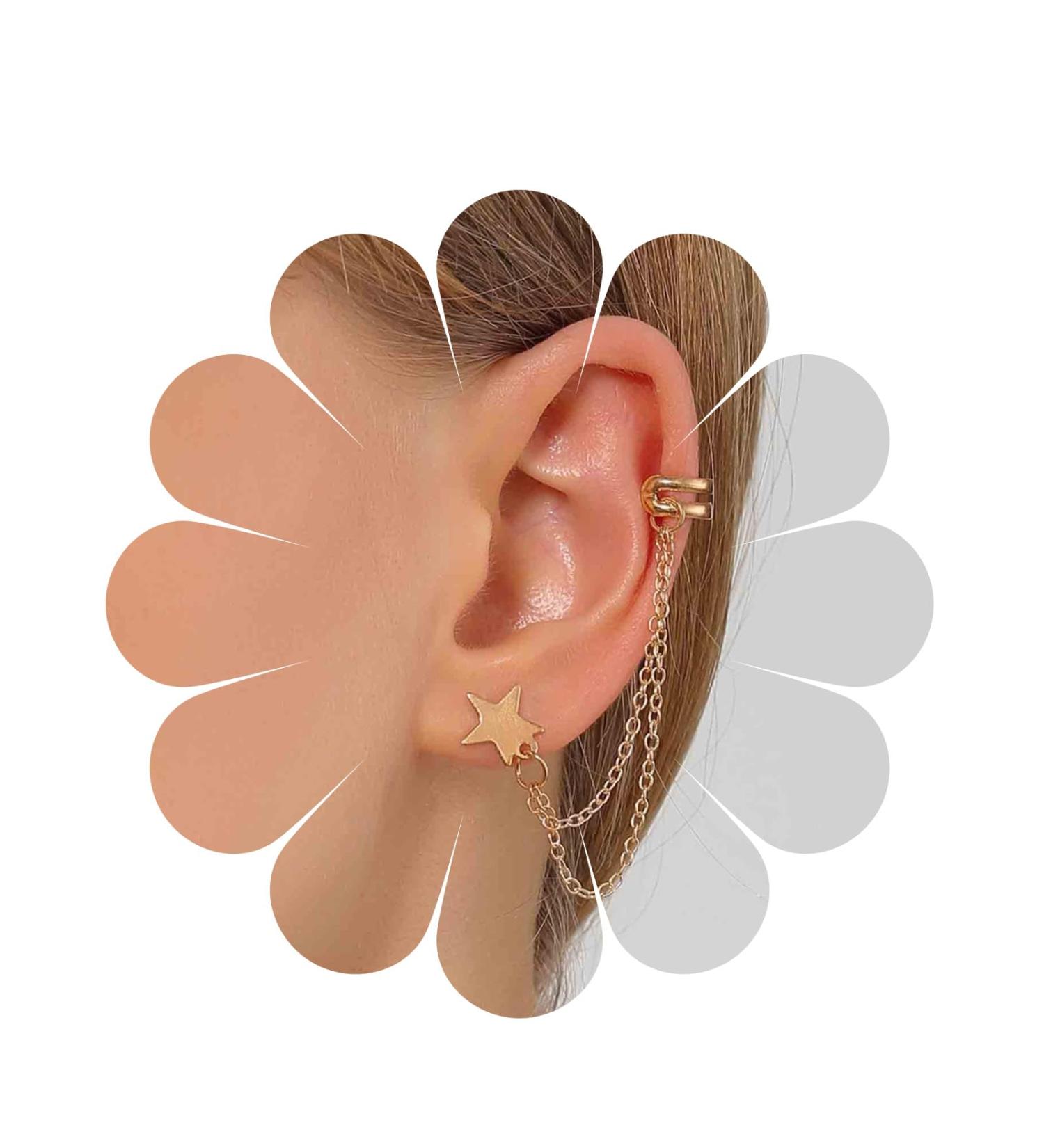 Boho Star Cartilage Chain Earrings - Gold Long Dangle & Minimal Ear Cuff Jewelry for Women & Girls - International Shipping - Buy Online on GoSupps.com