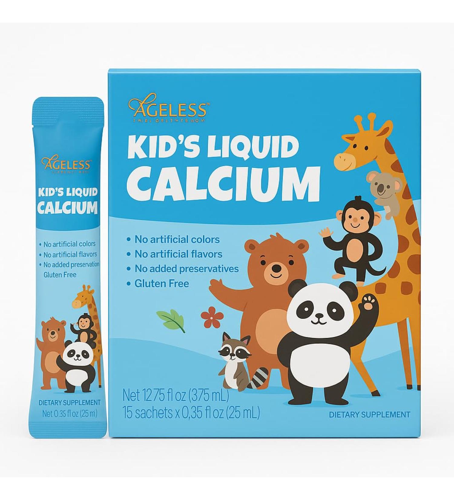 Ageless Kids Liquid Calcium Supplement, to Growing Bones, Vitamin D, Zinc, and Magnesium, with Sea Bass Extract - High Absorption, Immune Support, Gluten-Free - 25 ml (15 Count) - Buy Online on GoSupps.com