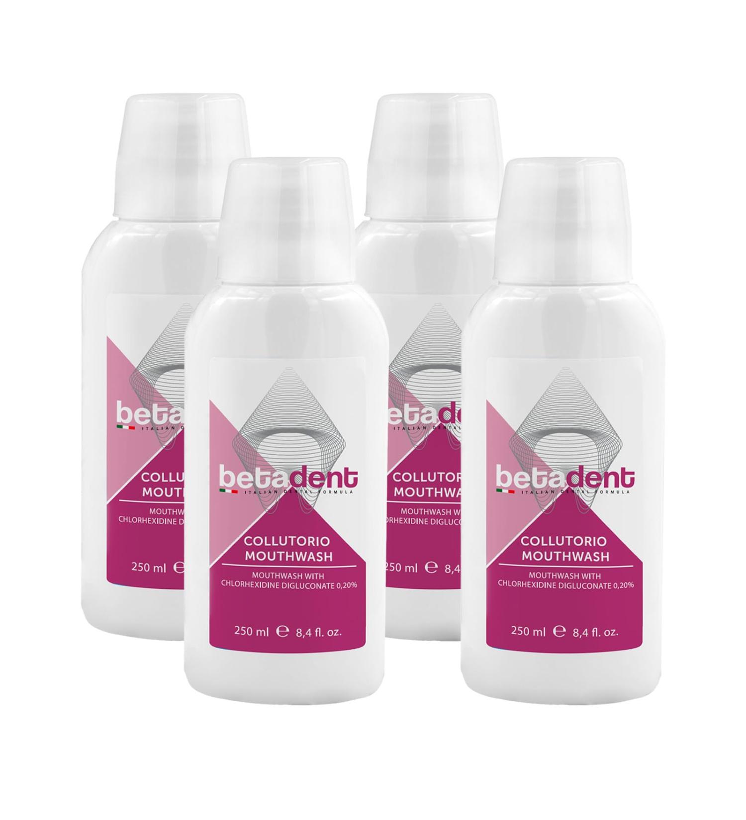  BETADENT Betadent Kit of 4 Grouts with Chlorhexidine 0.20% Contrast Plaque Caries Gingivitis. Ideal for irritated and inflamed gums and after surgical dental treatments. 4 x 250 ml - Buy Online on GoSupps.com