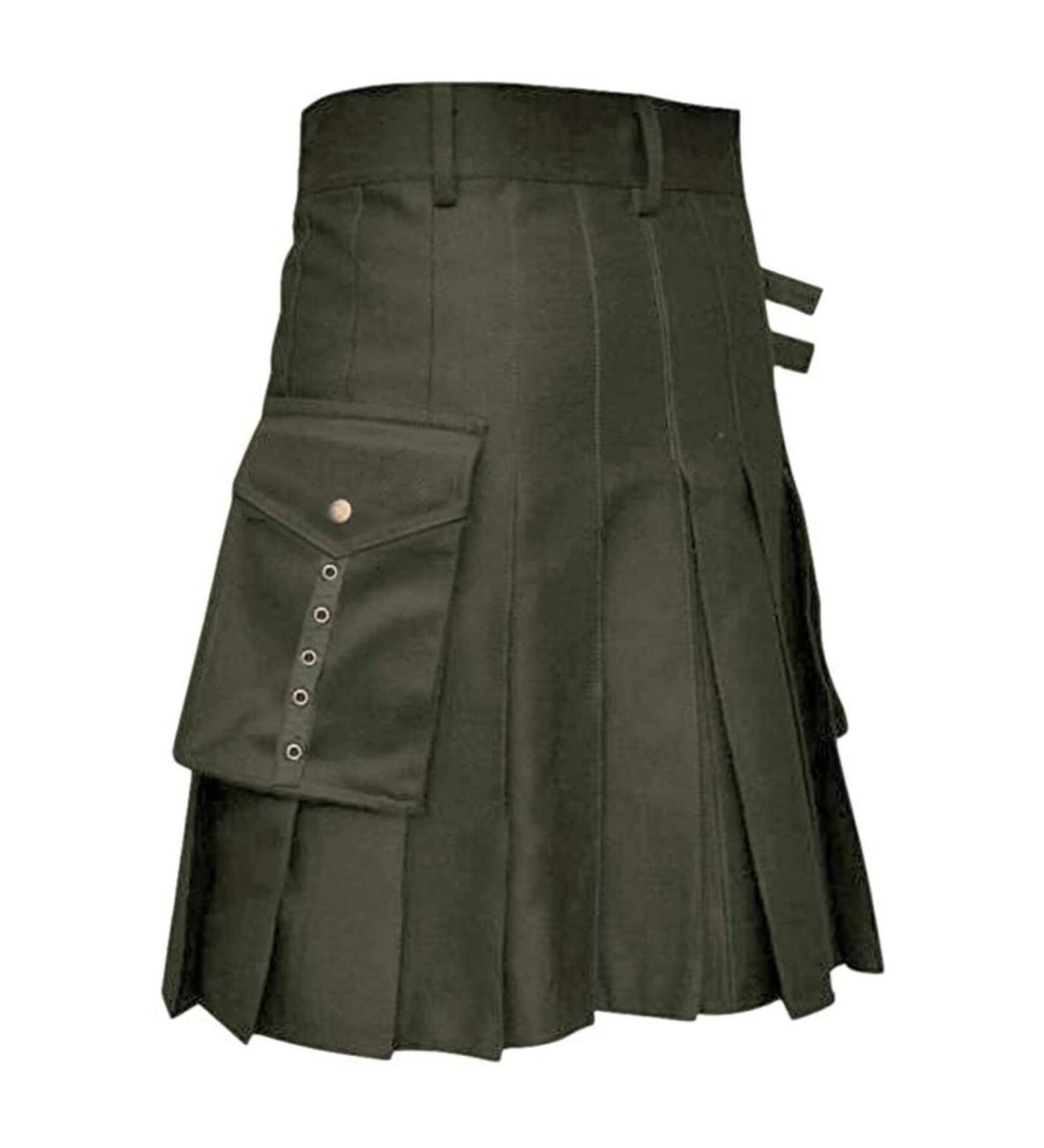 Men's Scottish Kilt - Stylish Punk Skirt with Contrast Bags & Zipper | Casual Daily Wear - Z11301 Green - Buy Online on GoSupps.com