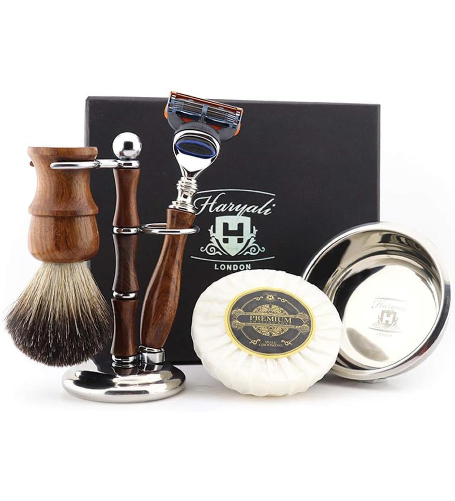 Haryali London Men's Wooden Shaving Set - 5-Edge Razor Black Badger Brush Stand Bowl & Soap | Premium Grooming for All Skin Types - Buy Online on GoSupps.com