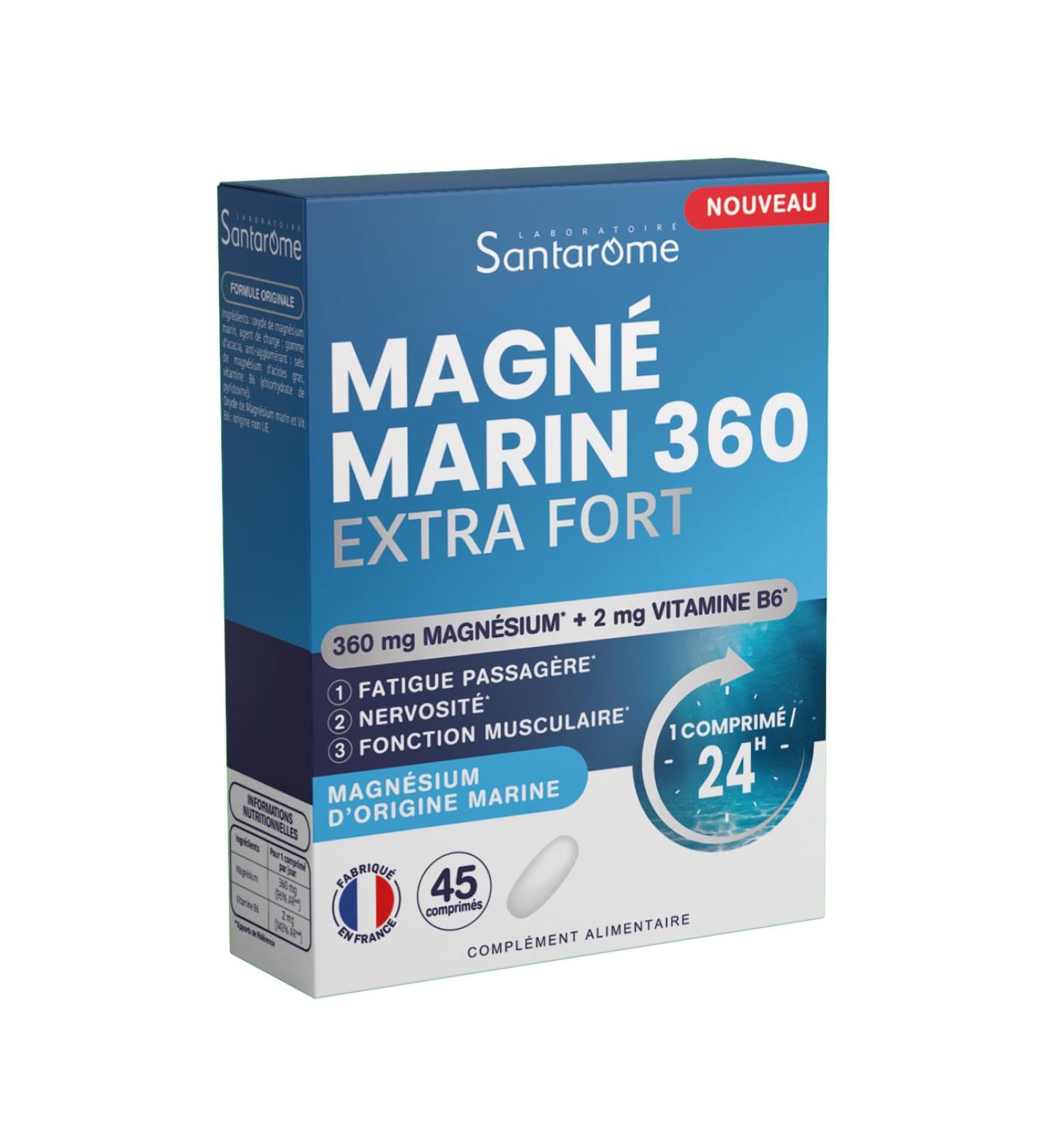 Santarome - Extra Strong Marine Magnesium - 360 mg per dose + 2 mg of Vitamin B6 - Fatigue & Nervousness - 45 Tablets - France - Buy Online on GoSupps.com