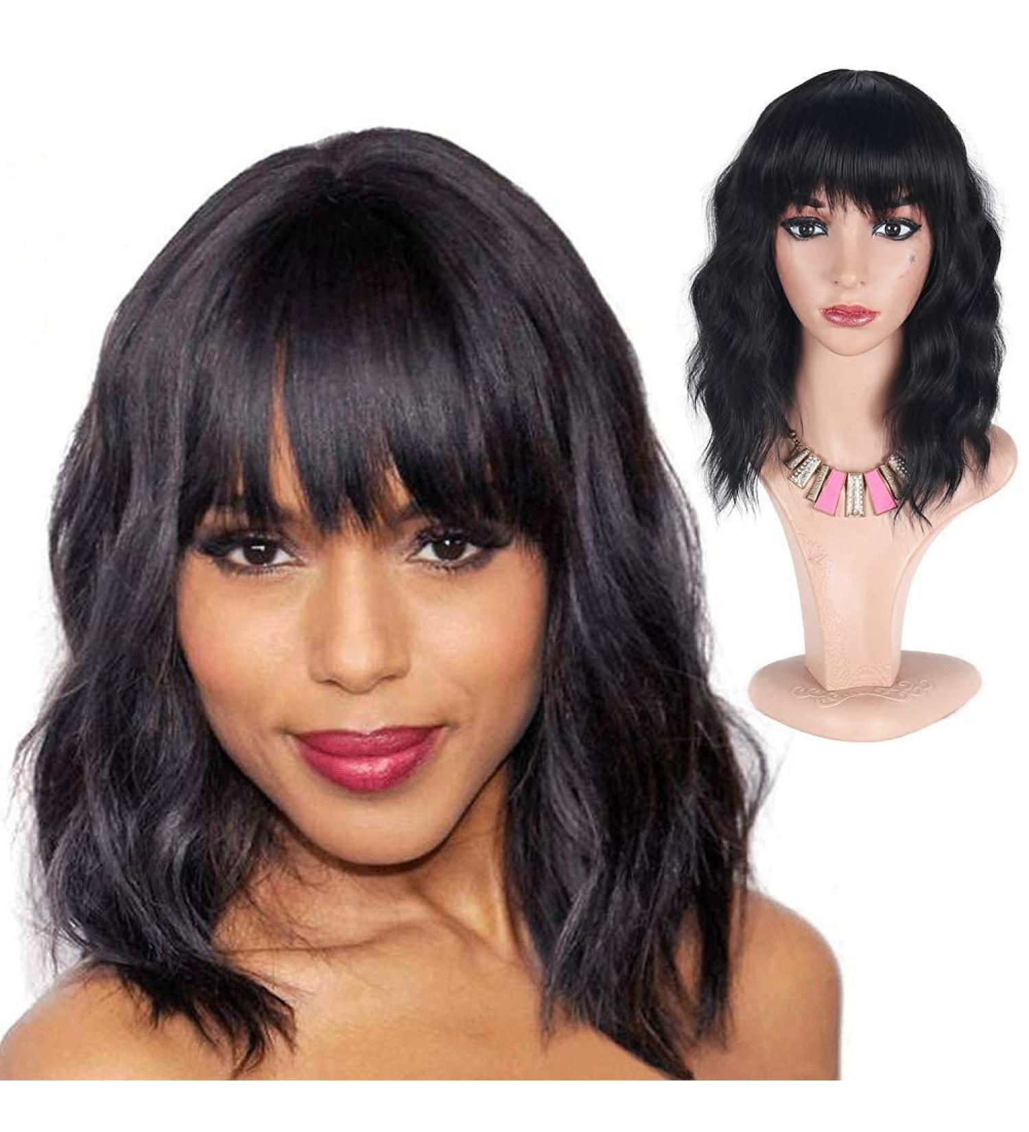 Buy Greenmirr Short Black BOB Wavy Wig with Bangs 14in Heat Resistant Synthetic Hair for Women | International Shipping Available - Buy Online on GoSupps.com