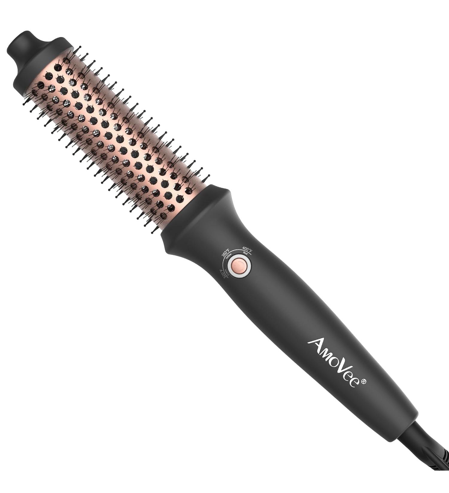 AmoVee 1.25" Curling Iron Thermal Brush - Dual Voltage Heated Brush for Root Volume & Loose Curls - 3 Temperature Settings Perfect for Travel - Long-Lasting Styling - Buy Online on GoSupps.com