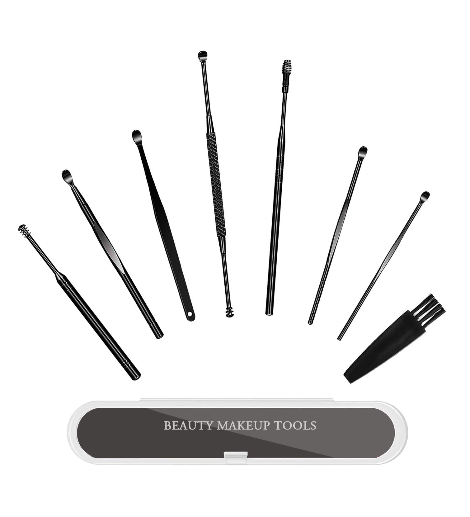 Innovative Spring Ear Pick Earwax Removal Kit - 8PCS Matte Black Cleansing Tool Set with Brush and Storage Box - Buy Online on GoSupps.com