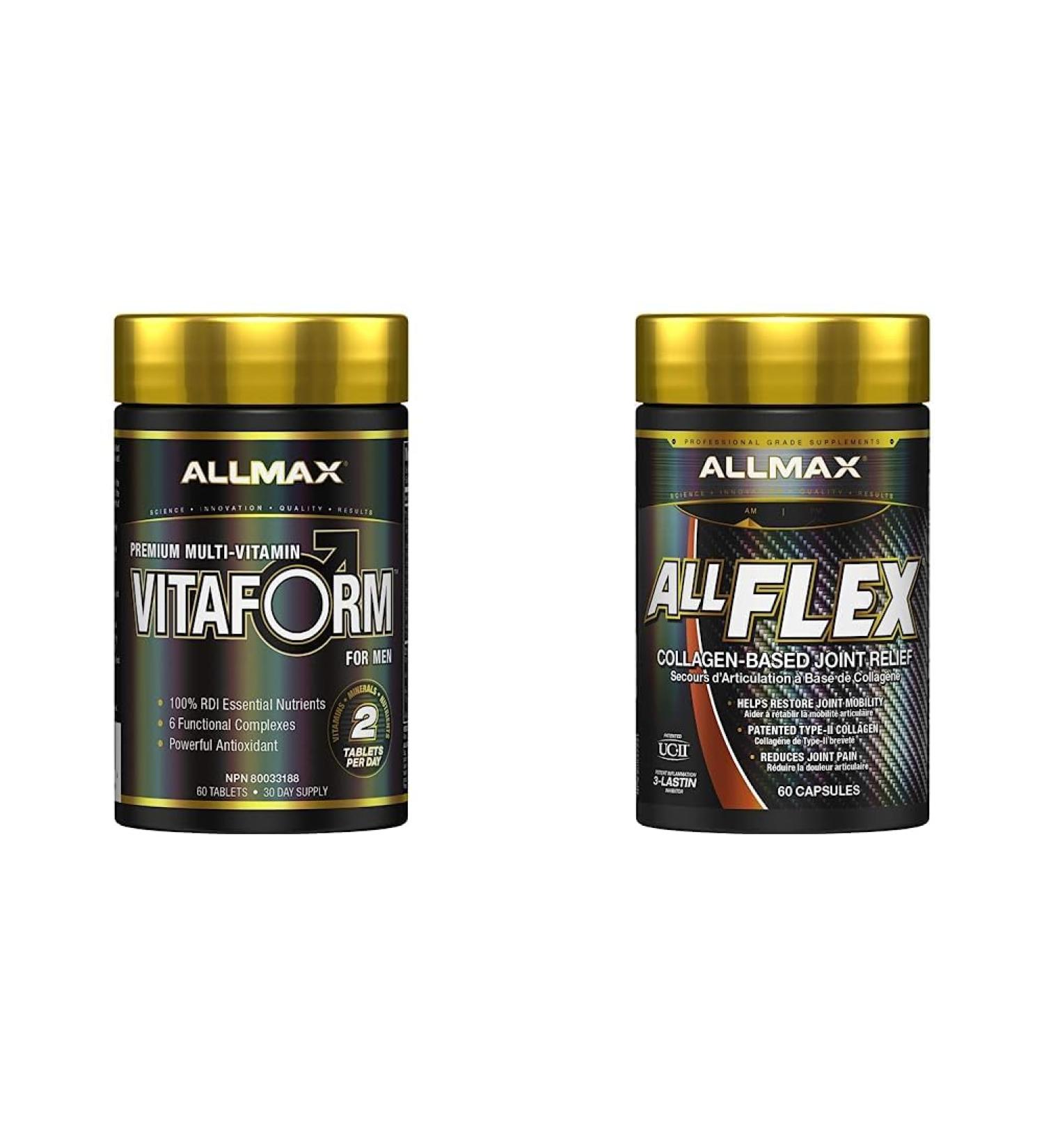 Allmax Nutrition - VITAFORM Premium Performance Multi-Vitamin for Men (30-day Supply) + Allflex Joint Health (3X Strength Glucosamine + Collagen) Multi-Vitamin + Glucosamine + Collagen - Buy Online on GoSupps.com