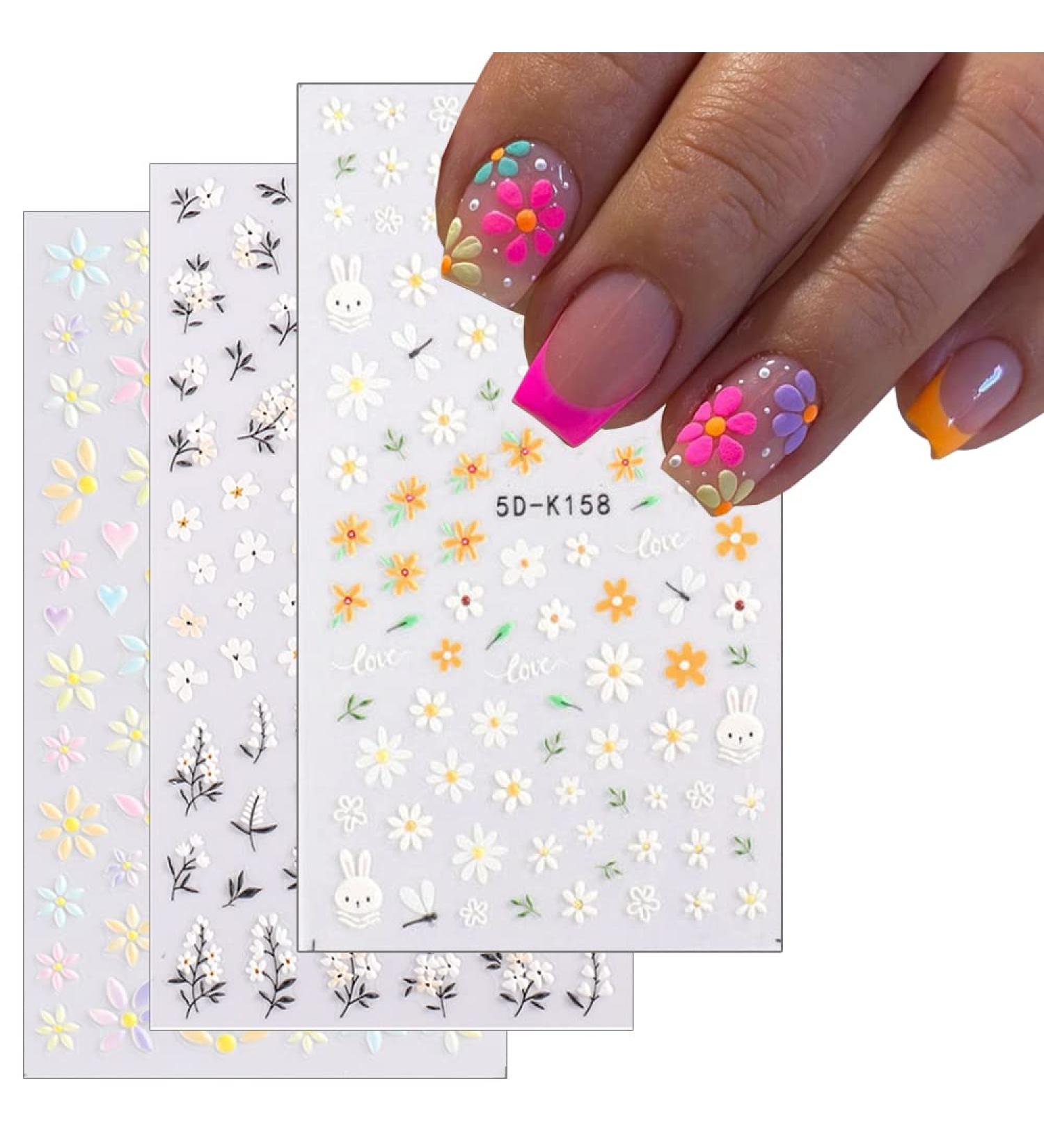 Daisy Embossed 5D Nail Art Stickers - Spring Flower & Rabbit Design | Self-Adhesive Decor for Women & Girls - 3 Sheets - Buy Online on GoSupps.com